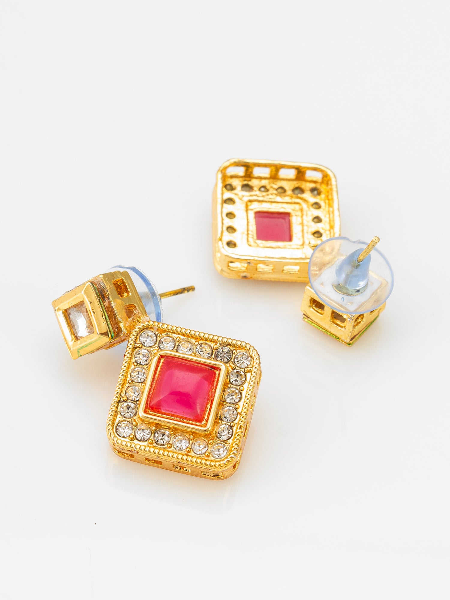 Kundan Mangalsutra Set with Pink Stone Square Pendant and Matching Earrings – View 4 | Aadita Jewelry