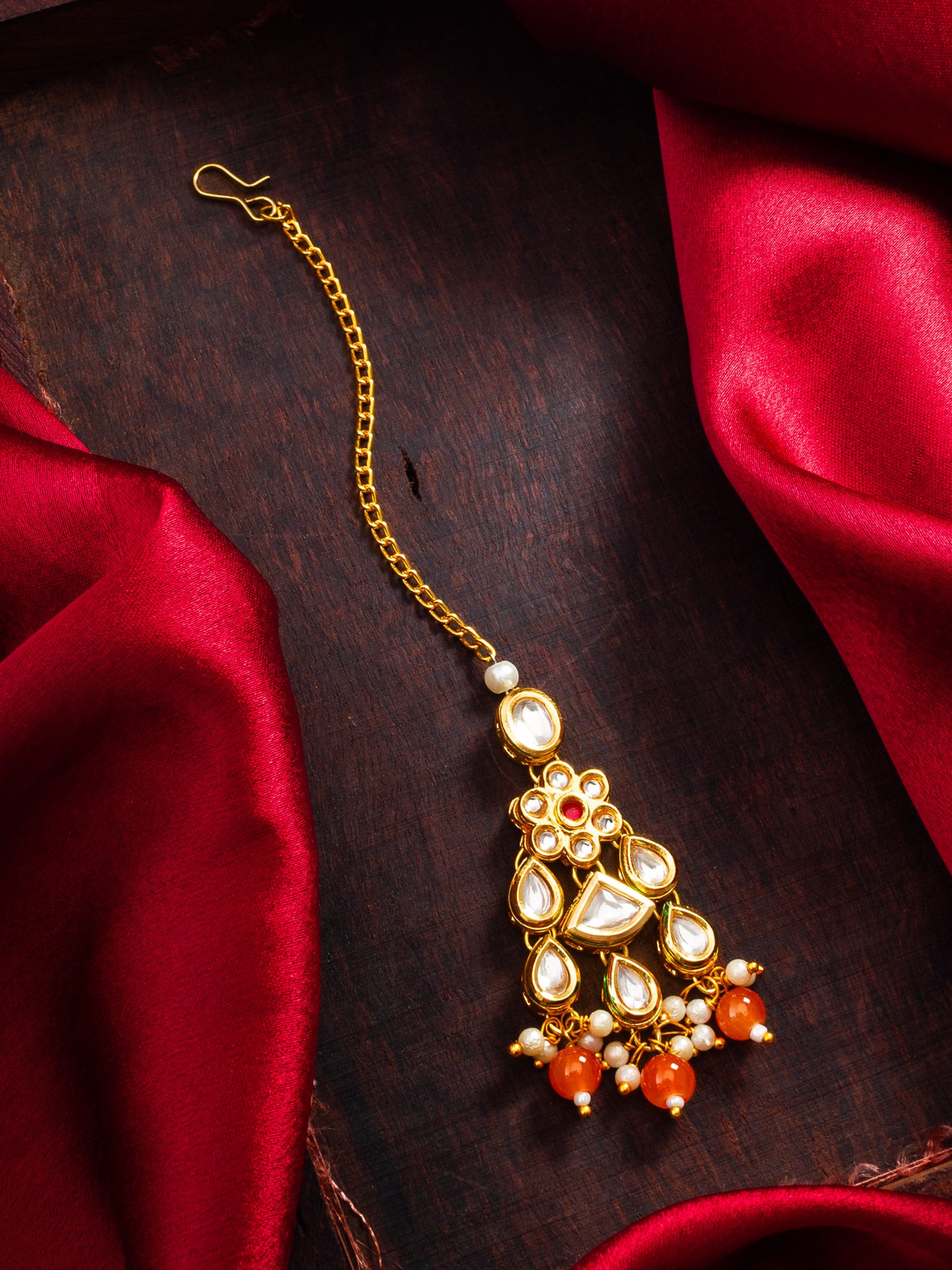Kundan Maang Tikka with Orange Beads and Pearl – View 5 | Aadita Jewelry