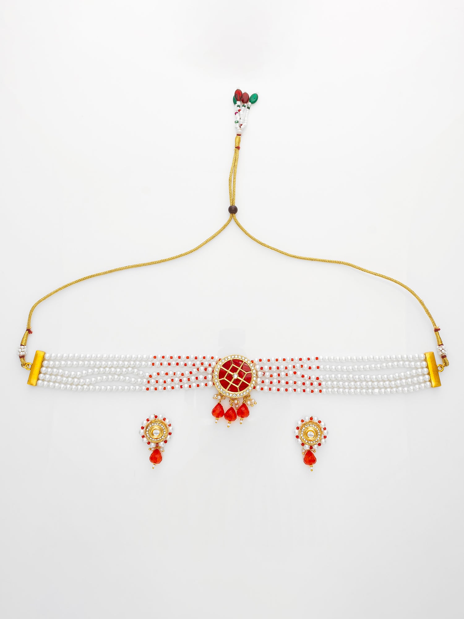 Red Beaded Kundan Choker Necklace Set with Earrings | Aadita Jewelry