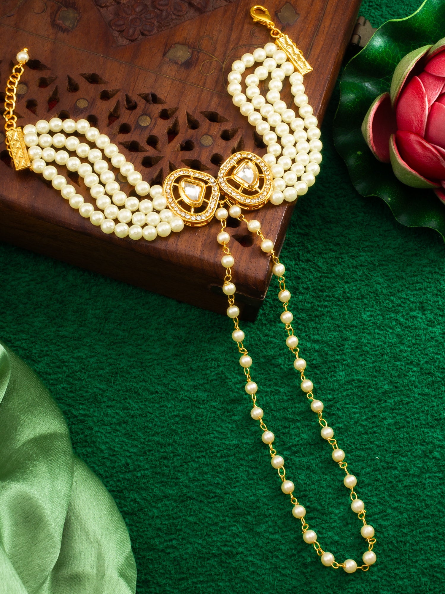 Gold Plated Kundan & Pearl Haathphool Bracelet "“ Dual Teardrop Hand Harness Jewelry for Women & Brides – View 5 | Aadita Jewelry