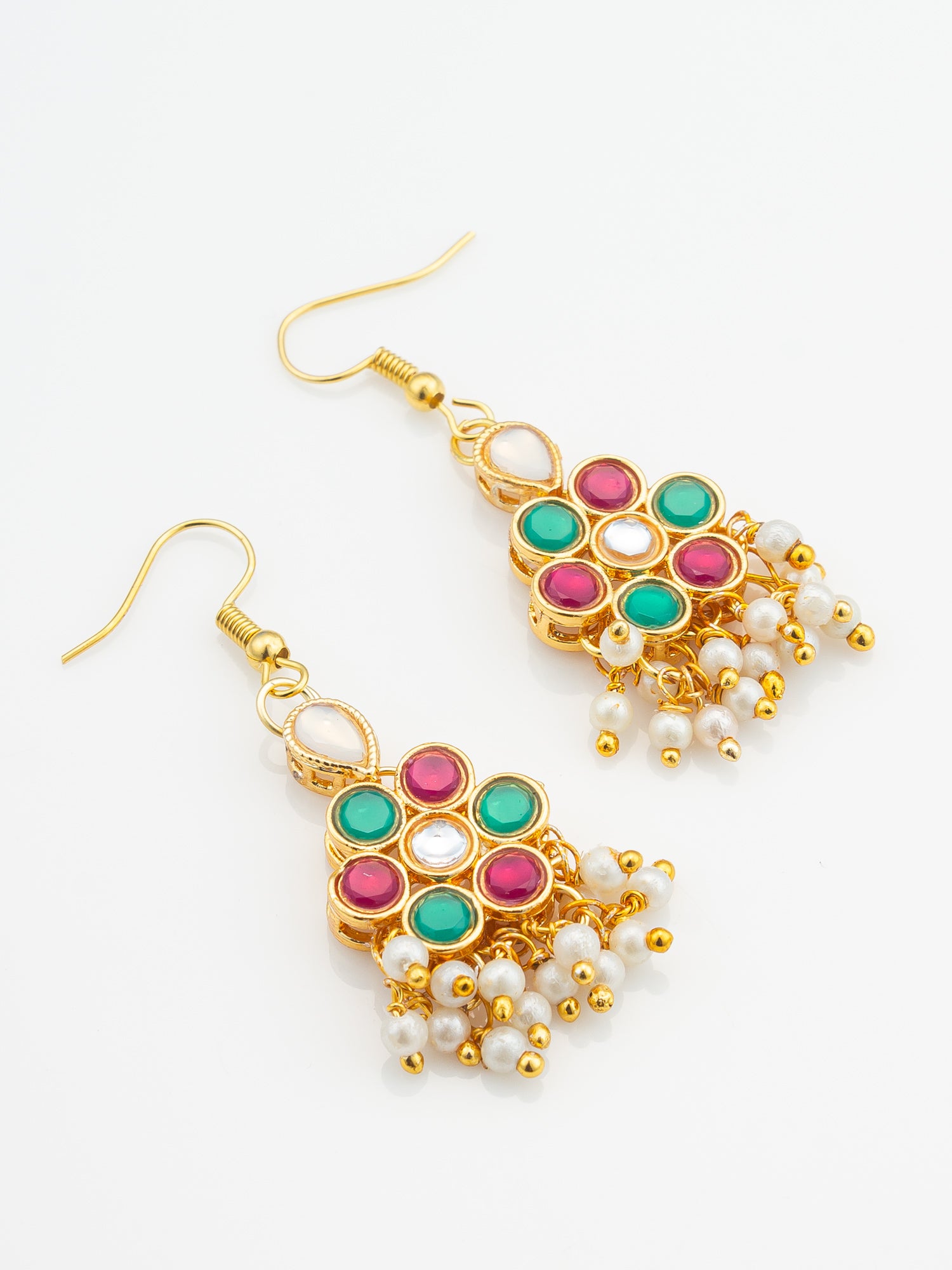 Festive Pink and Green Kundan Cluster Drop Earrings – View 2 | Aadita Jewelry