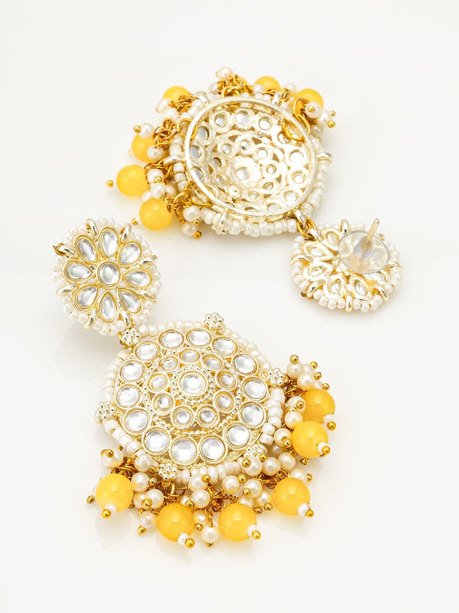 Kundan Round Chandbali Earrings with Yellow Beads and Pearl Cluster – View 2 | Aadita Jewelry