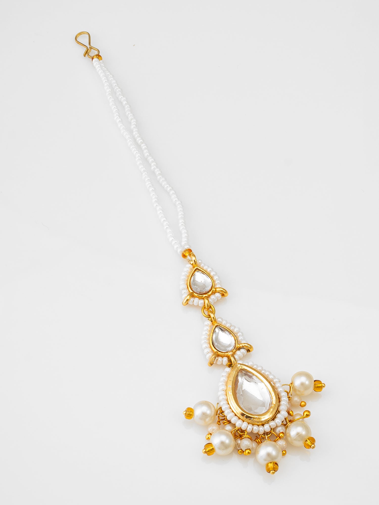 Gold Plated White Kundan and Pearl Beaded Maang Tikka for Women | Aadita Jewelry