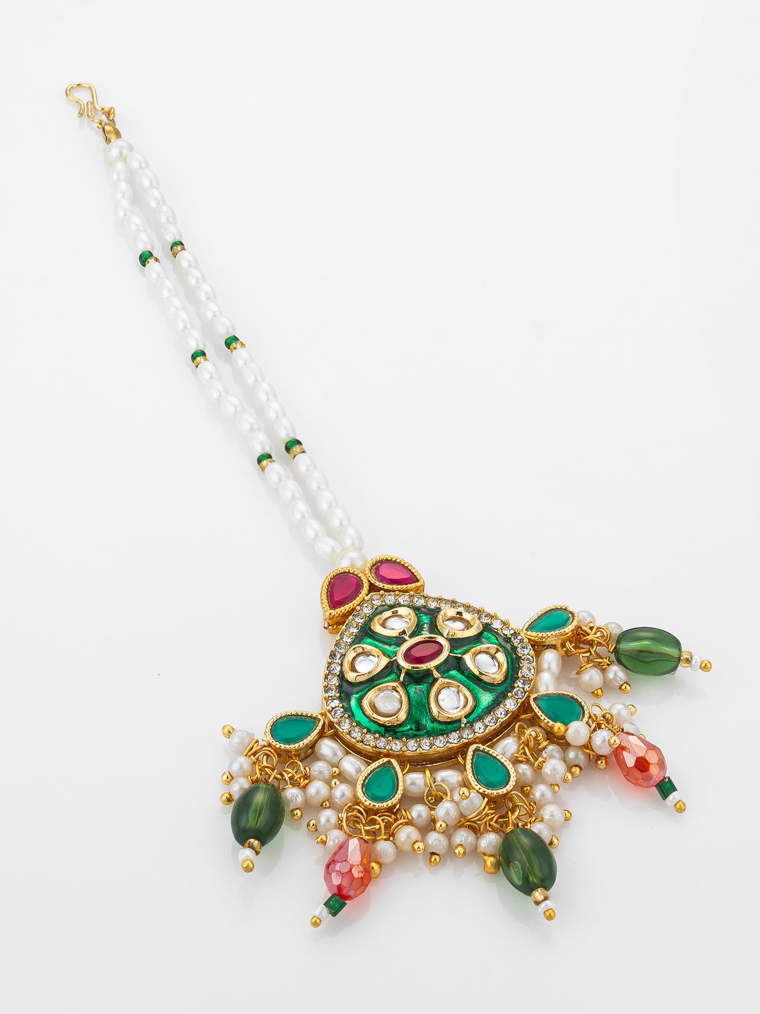 Aadita Gold Plated Kundan Mangtika with Green Meenakari Pendant and Pearl Bead Chain – View 2 | Aadita Jewelry