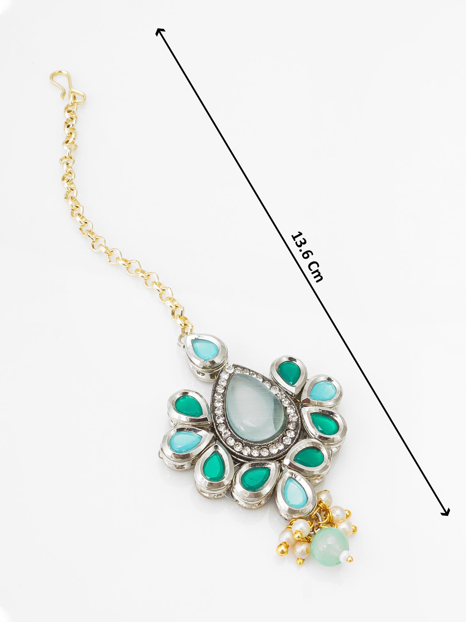 Silver-Toned Oxidized Maang Tikka with Teal and Emerald Stones and Pearl Drop – View 4 | Aadita Jewelry