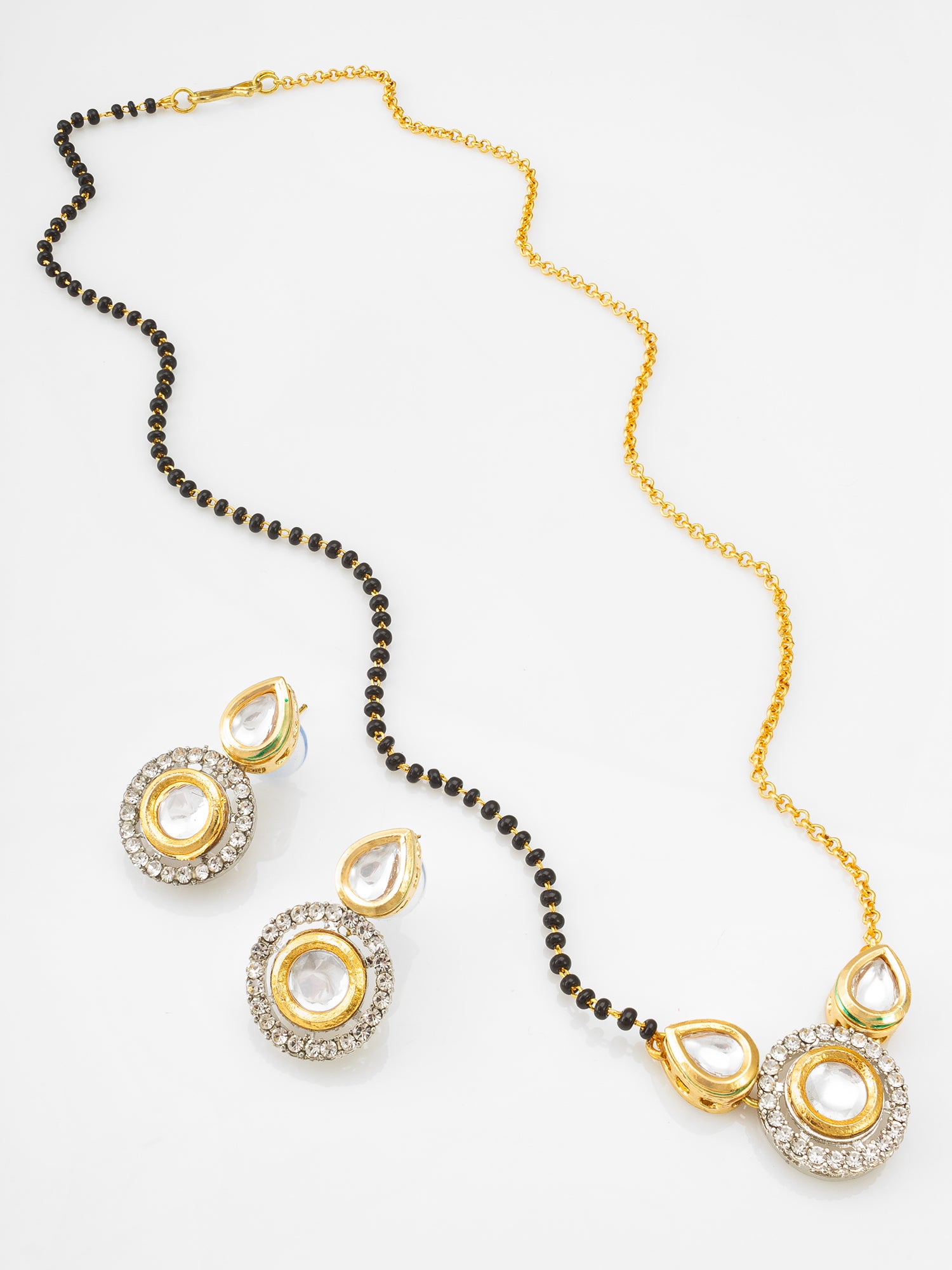 Two-Tone Kundan Mangalsutra Set with Polki and Silver-Tone Crystal Earrings | Aadita Jewelry