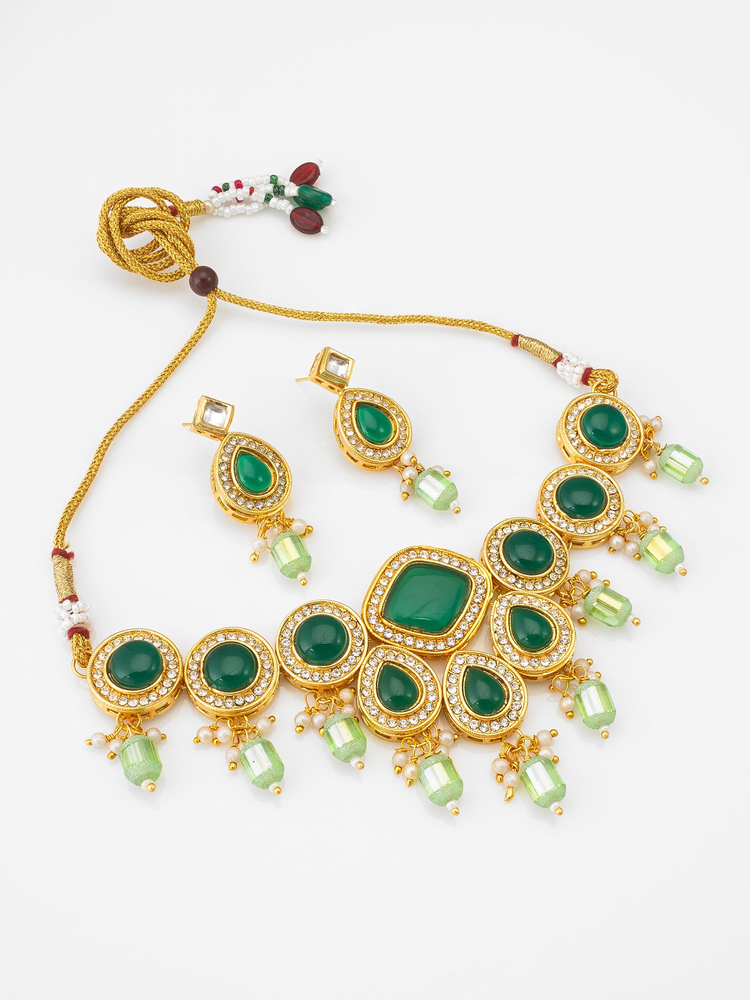 Kundan Necklace Set with Green Onyx Stones, Crystal Drops and Stud Earrings | Aadita Jewelry