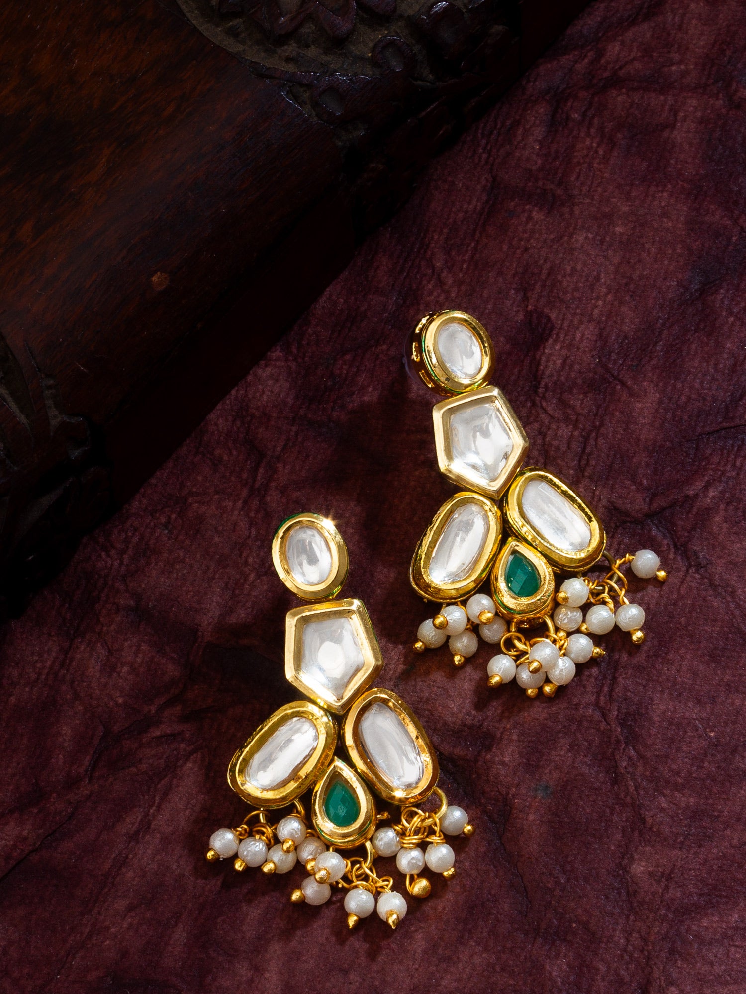 Gold-Plated Kundan Earrings with Green Stone and Pearl Drops – View 4 | Aadita Jewelry