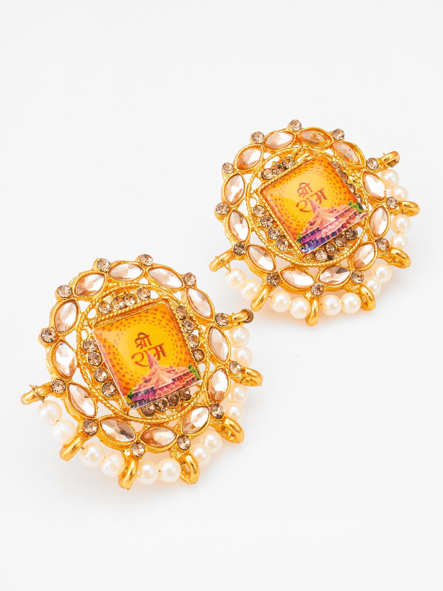 Gold Plated Shree Ram Temple Motif Kundan Stud Earrings | Aadita Jewelry