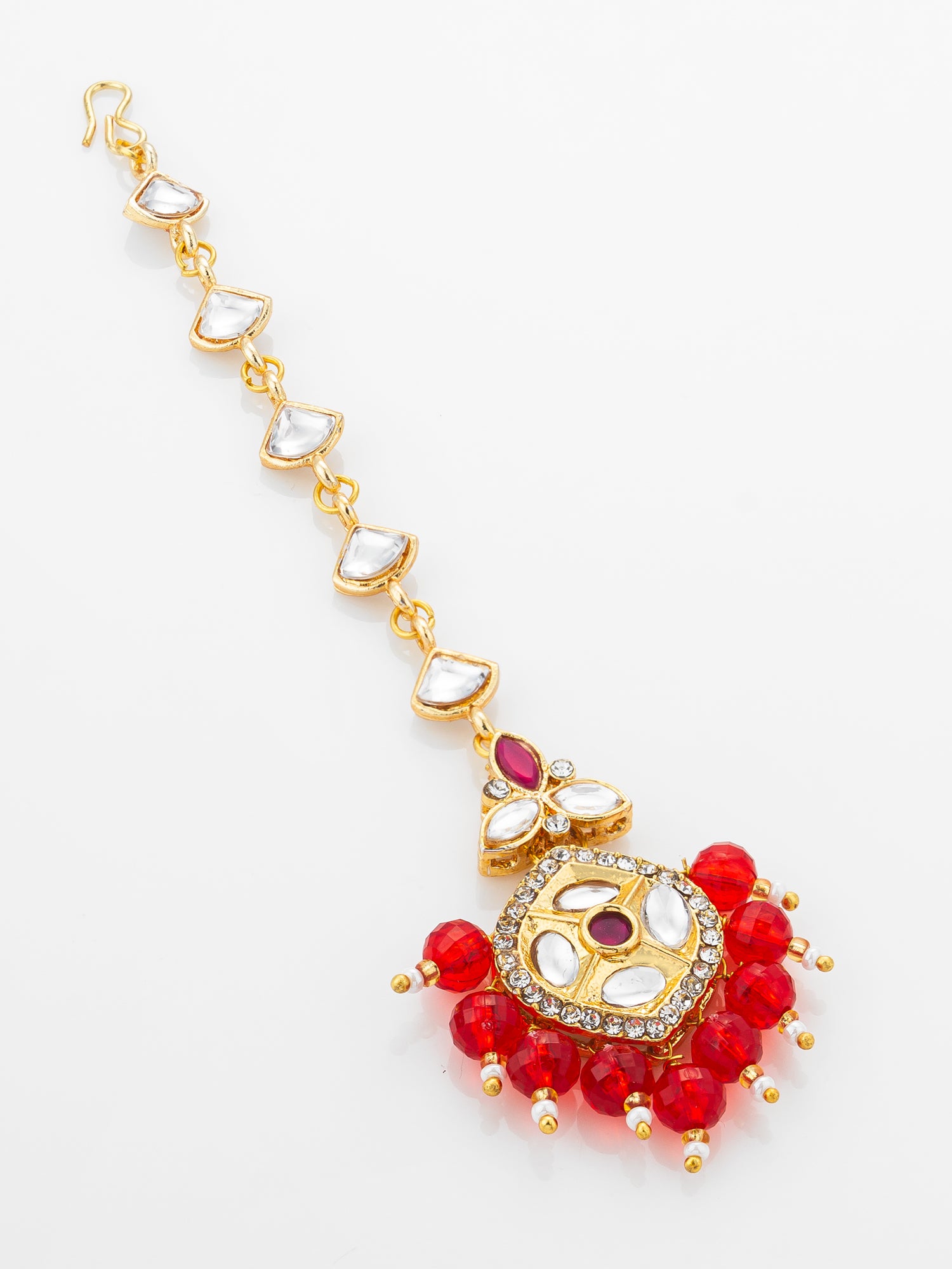Aadita Gold Plated Half-Moon Kundan Chain Mangtika with Hexagonal Pendant and Red Bead Fringe – View 2 | Aadita Jewelry