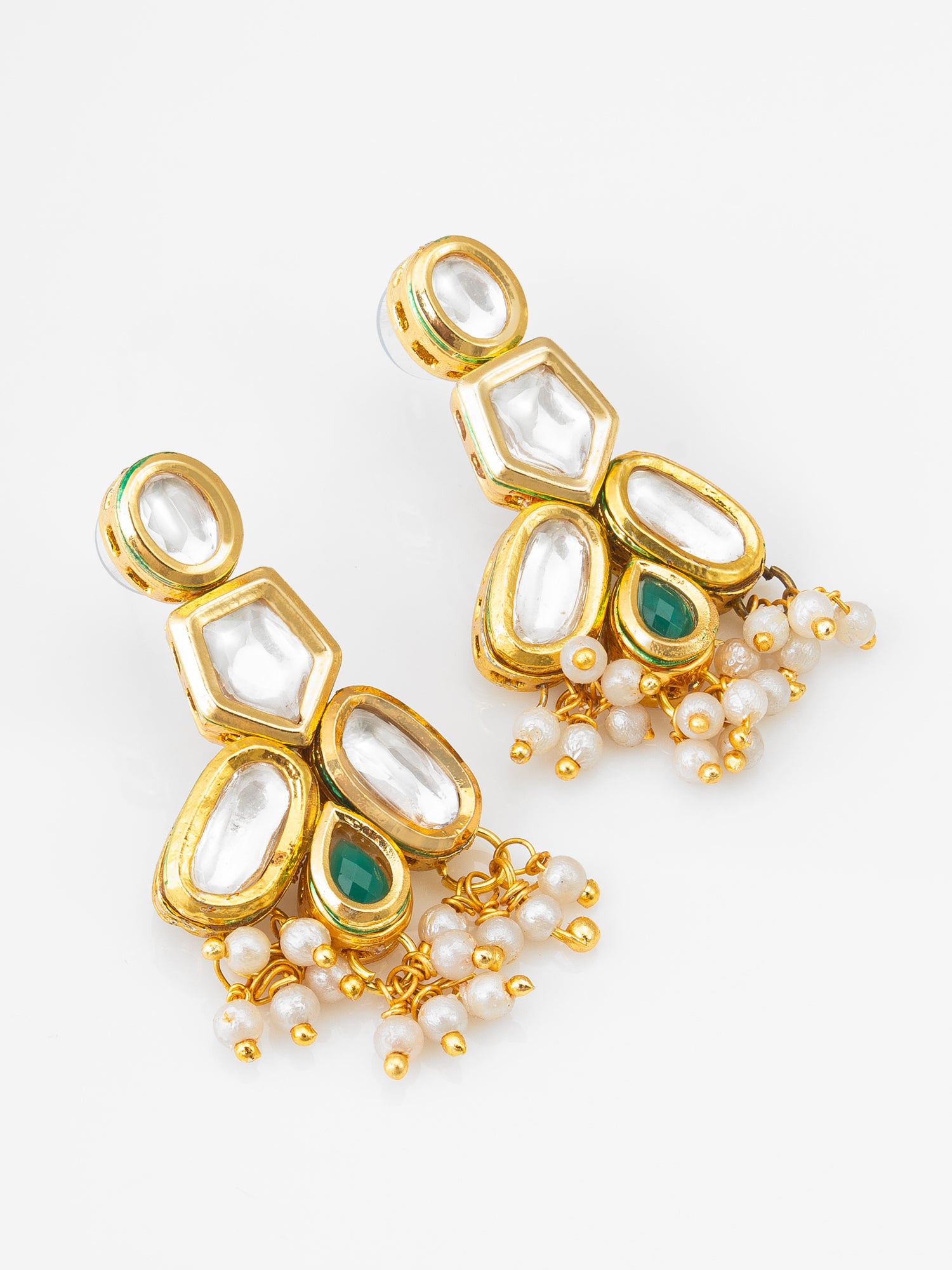 Gold-Plated Kundan Earrings with Green Stone and Pearl Drops | Aadita Jewelry