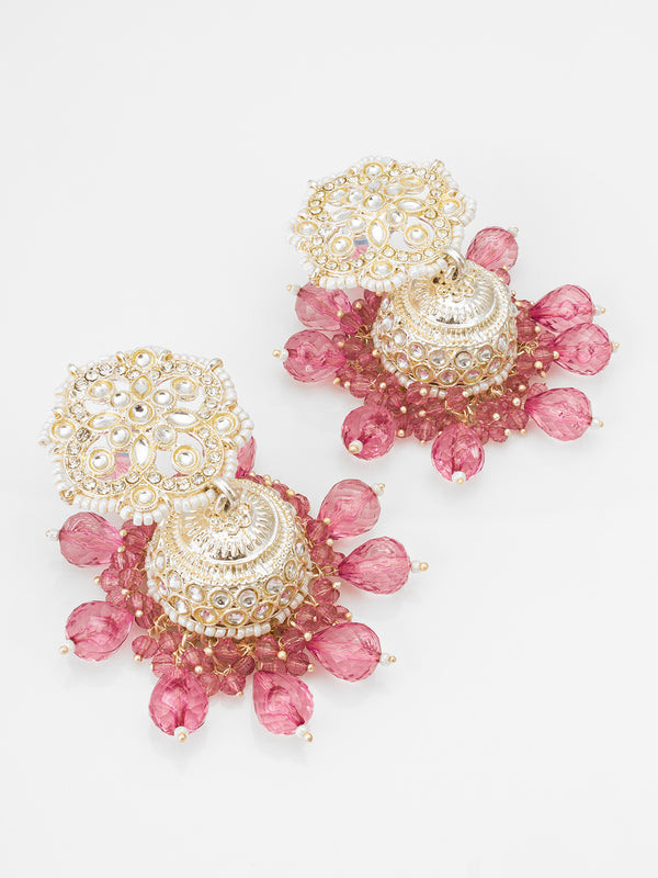 Kundan Pink Beaded Jhumka Earrings | Aadita Jewelry