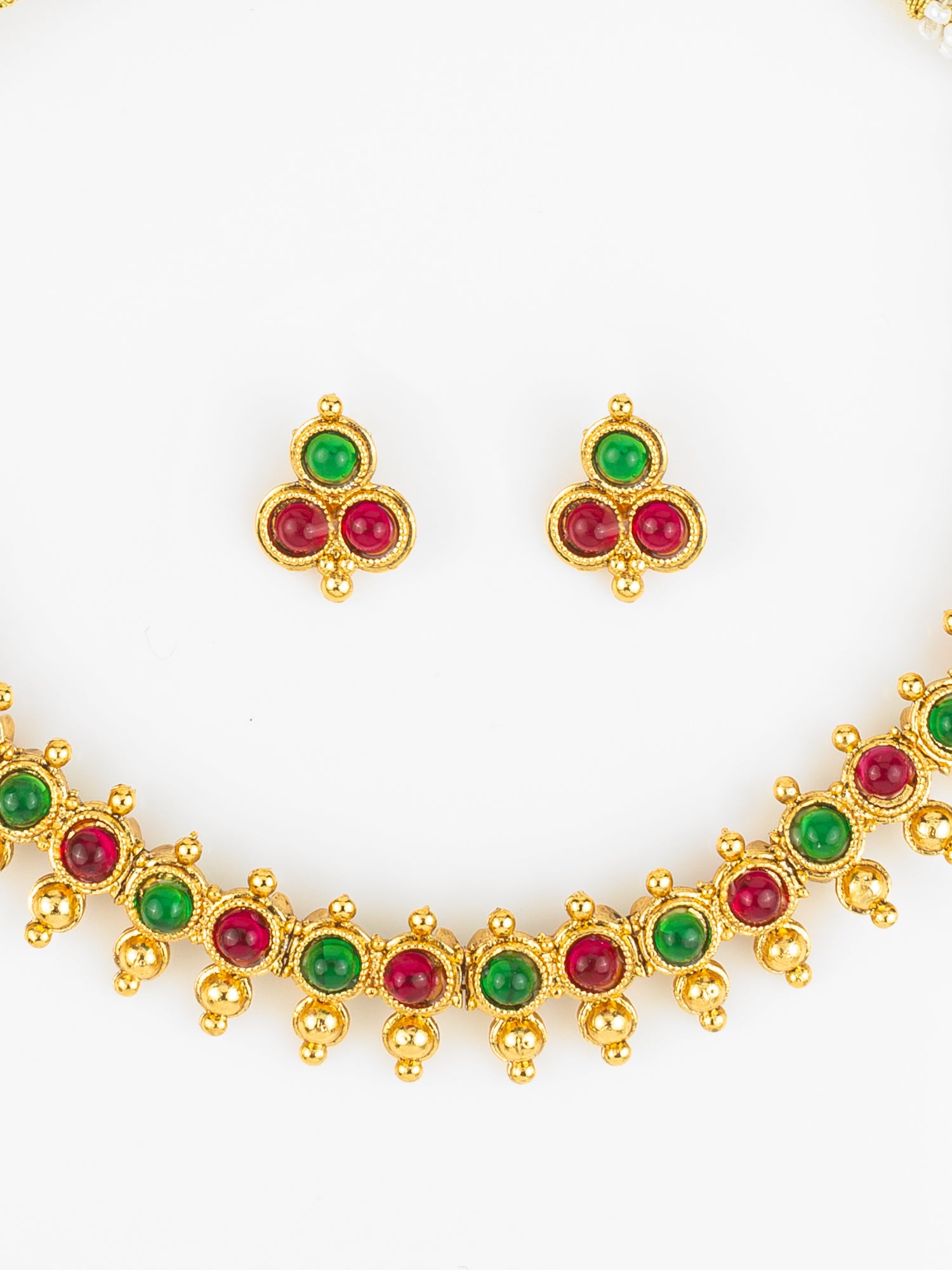 Gold Plated Green & Red Beaded Traditional Necklace Set for Women – View 4 | Aadita Jewelry