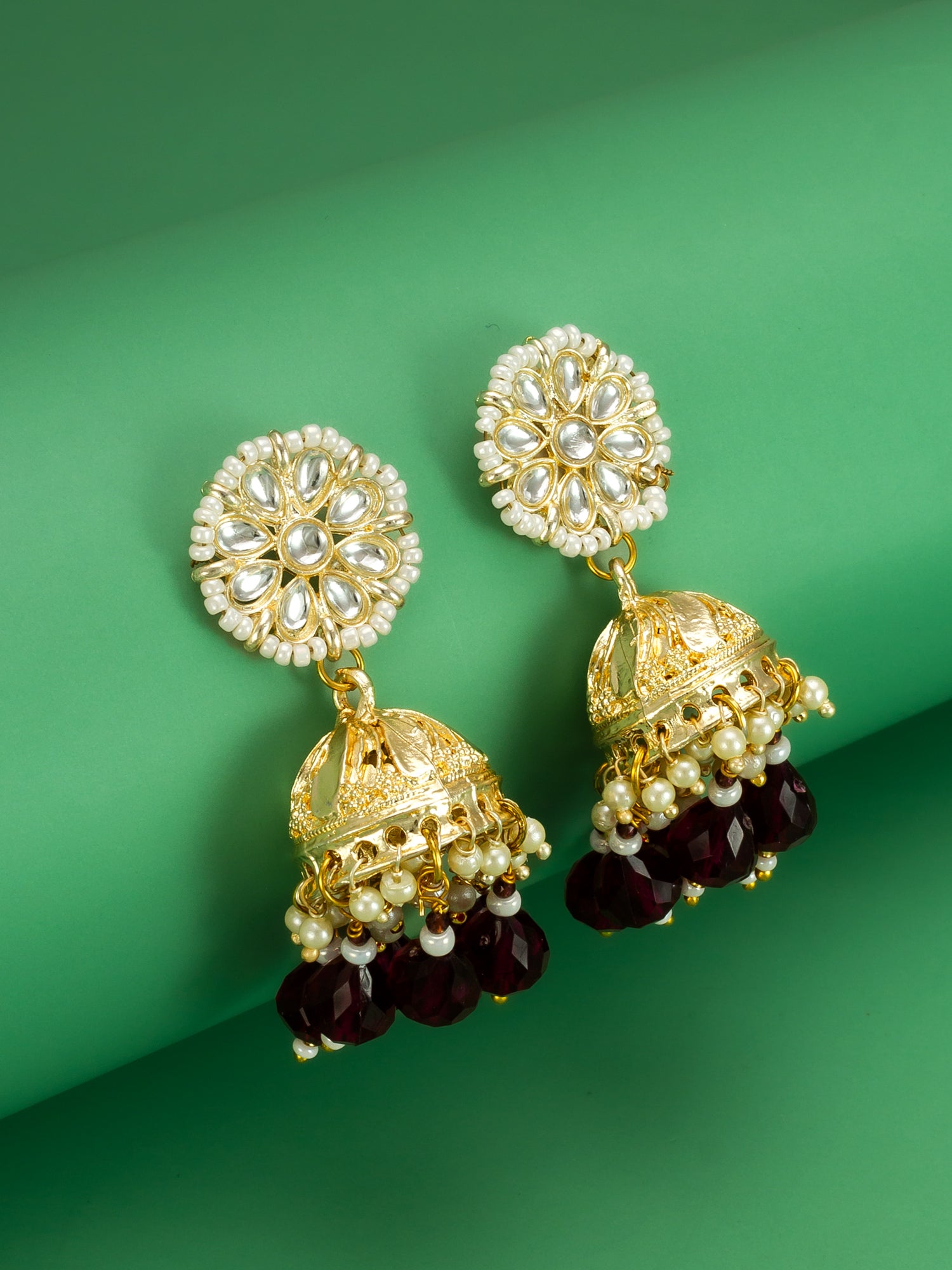 Gold-Plated Maroon Beaded Jhumka Earrings for Women – View 4 | Aadita Jewelry