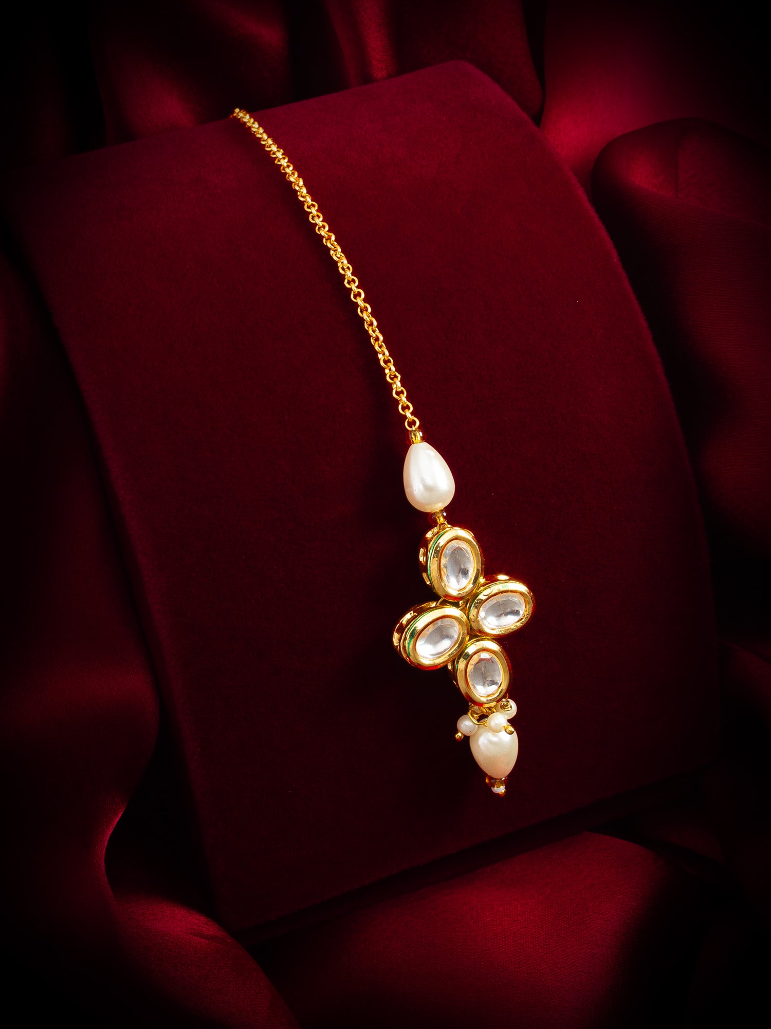 Gold-Tone Kundan Maang Tikka with Pearl and Drop – View 5 | Aadita Jewelry