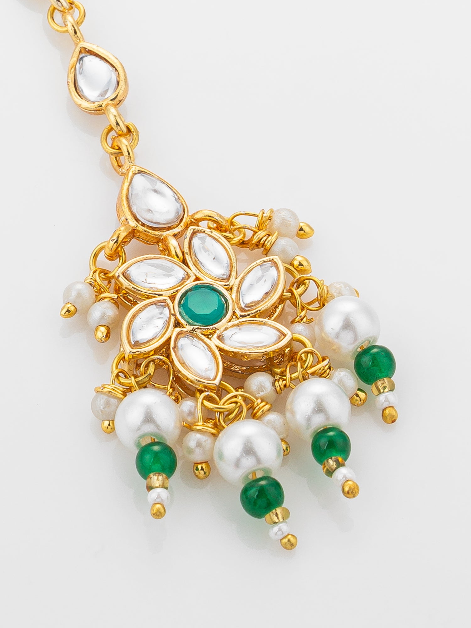Aadita Gold Plated Teardrop Kundan Chain Mangtika with Flower Pendant and Green Pearl Drops – View 3 | Aadita Jewelry