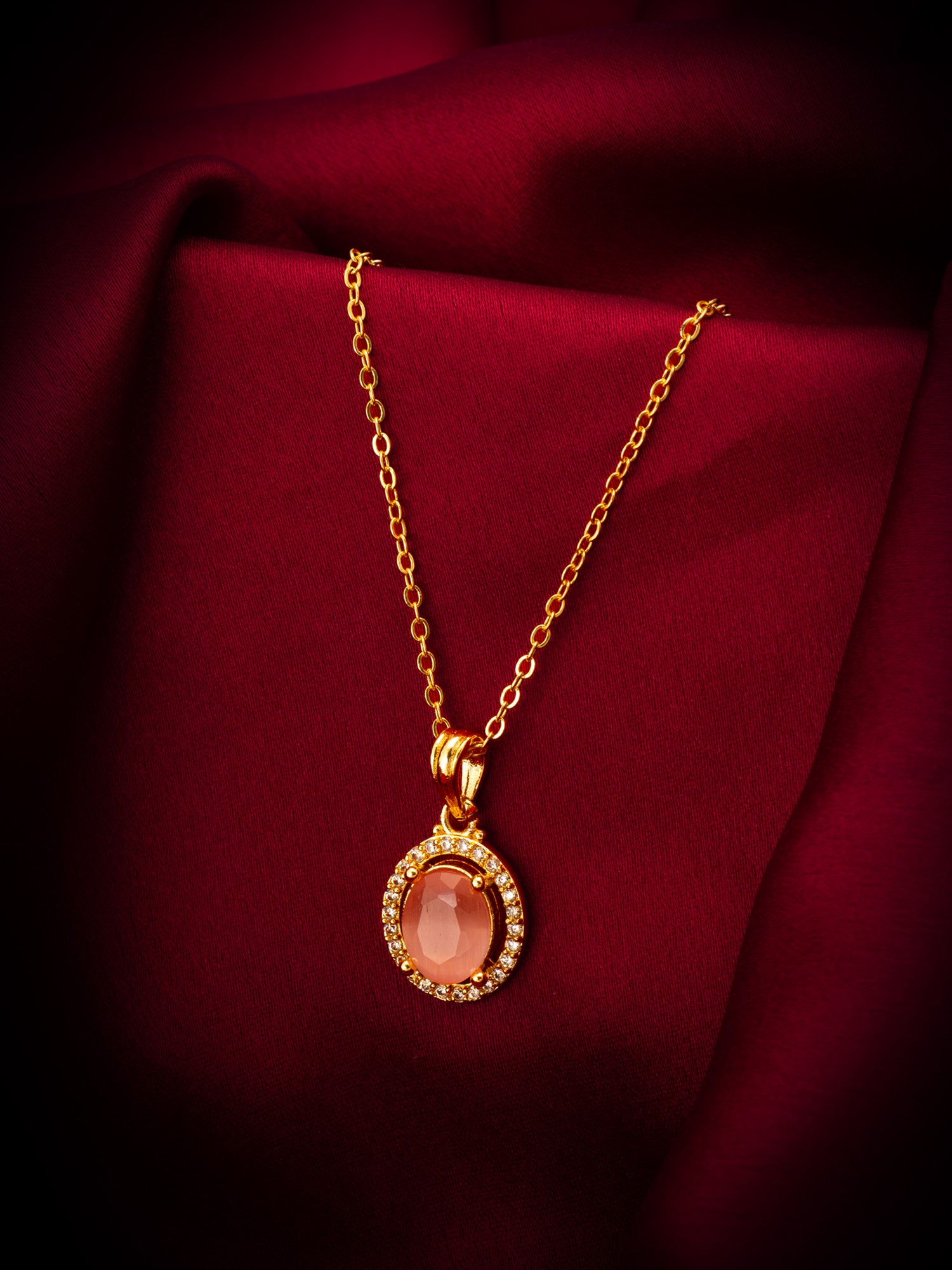 Gold-Tone Oval Pink Stone AD Pendant Necklace – View 4 | Aadita Jewelry
