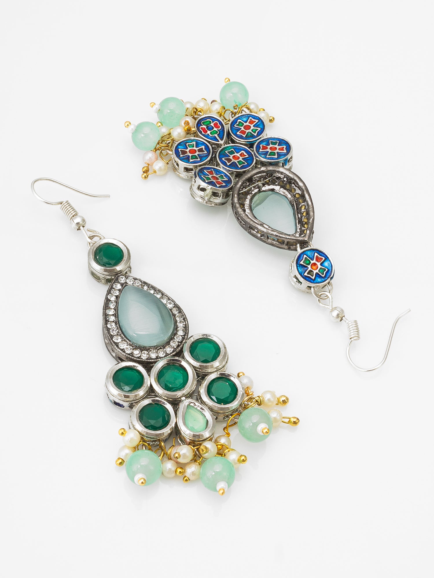 Green Stone Hook Earrings with Pearl and Mint Bead Tassel – View 2 | Aadita Jewelry