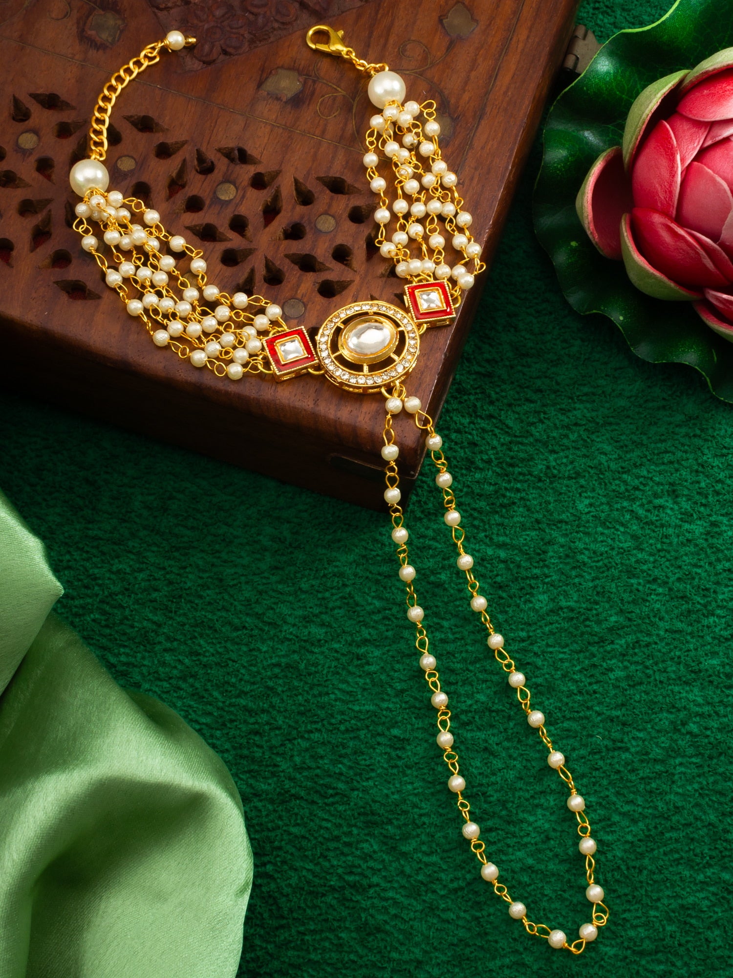 Classic White Pearl Kundan Haathphool Bracelet – View 5 | Aadita Jewelry