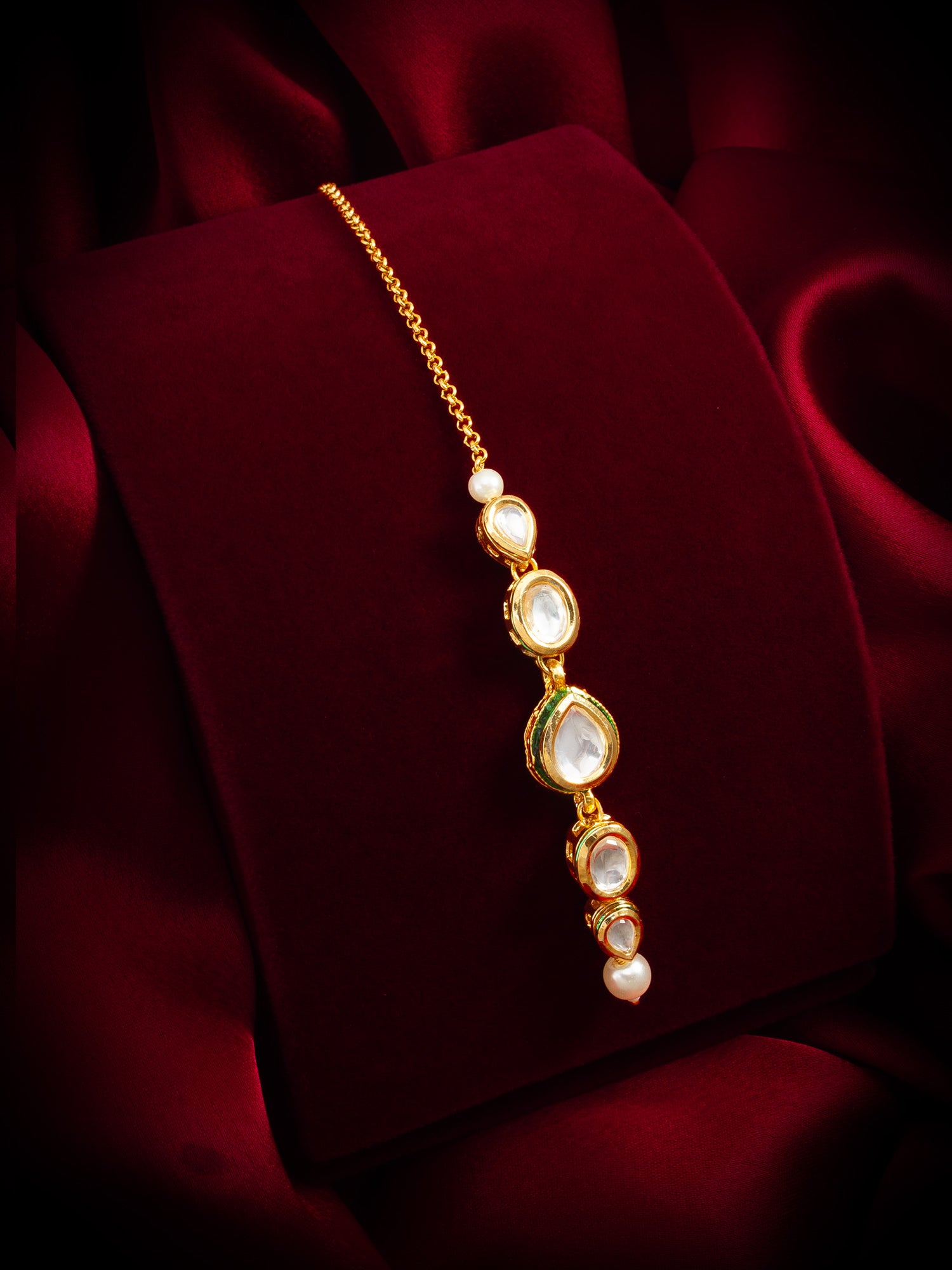 Gold-Plated Kundan Linear Maang Tikka with Pearl Drop – View 5 | Aadita Jewelry