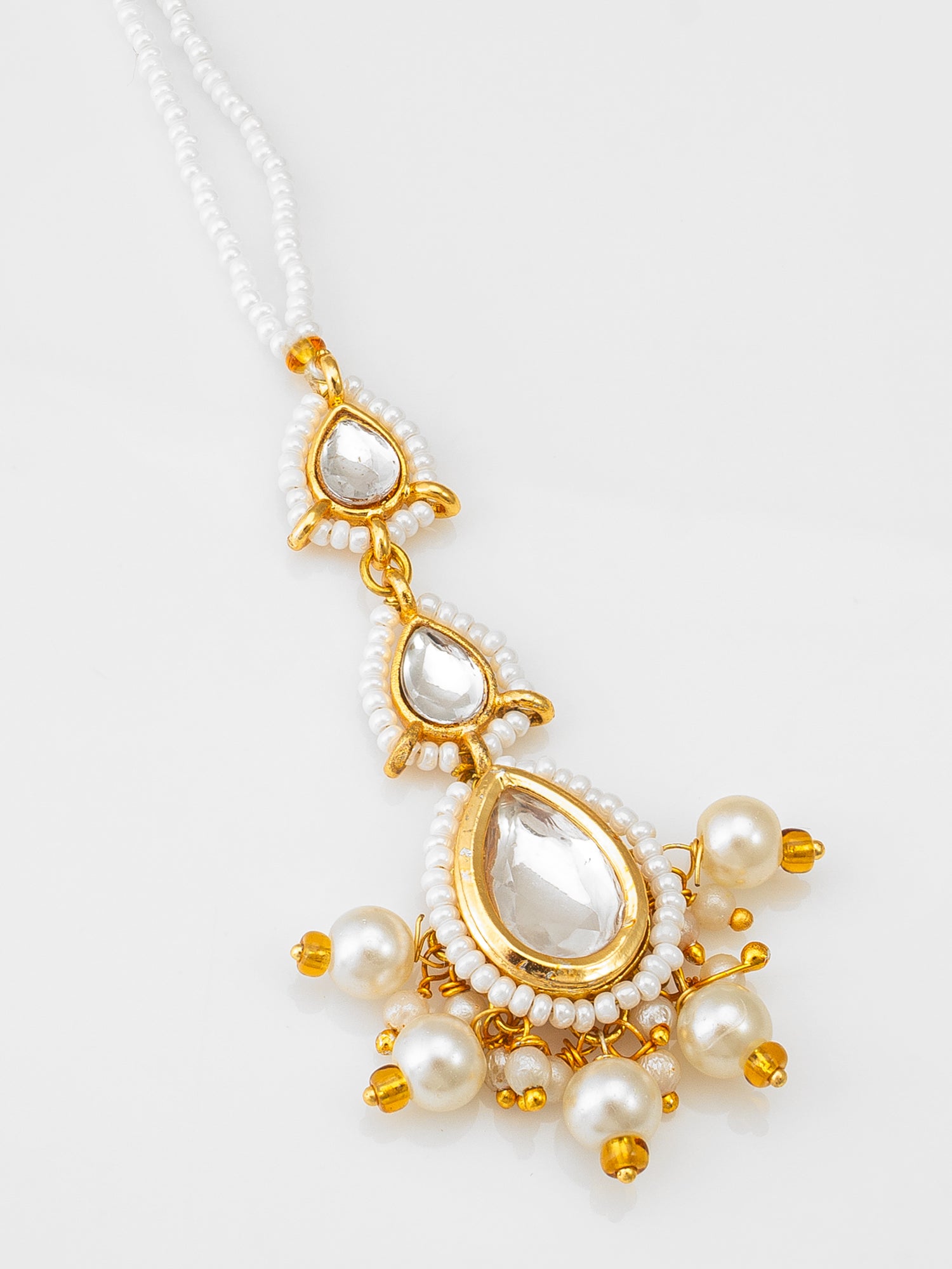 Gold Plated White Kundan and Pearl Beaded Maang Tikka for Women – View 3 | Aadita Jewelry