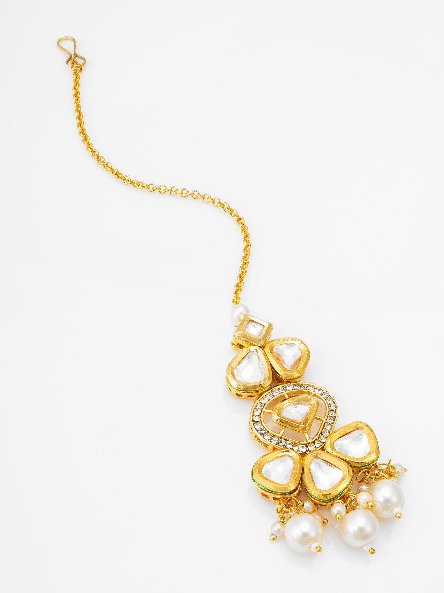 Gold-Plated Polki Kundan Maang Tikka with Pearl Drop | Aadita Jewelry