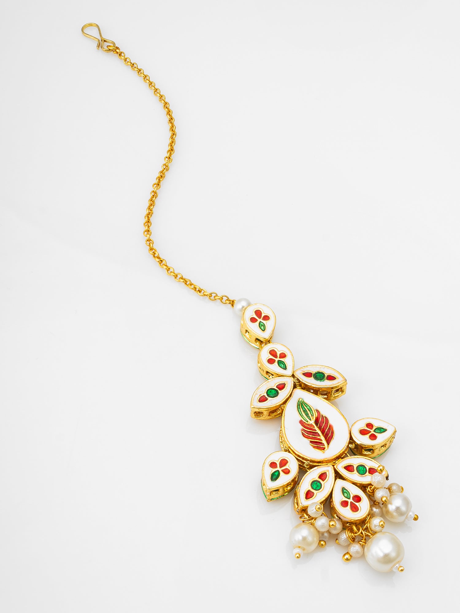Gold-Plated Kundan and Emerald Green Maang Tikka with Pearl Dangles – View 2 | Aadita Jewelry