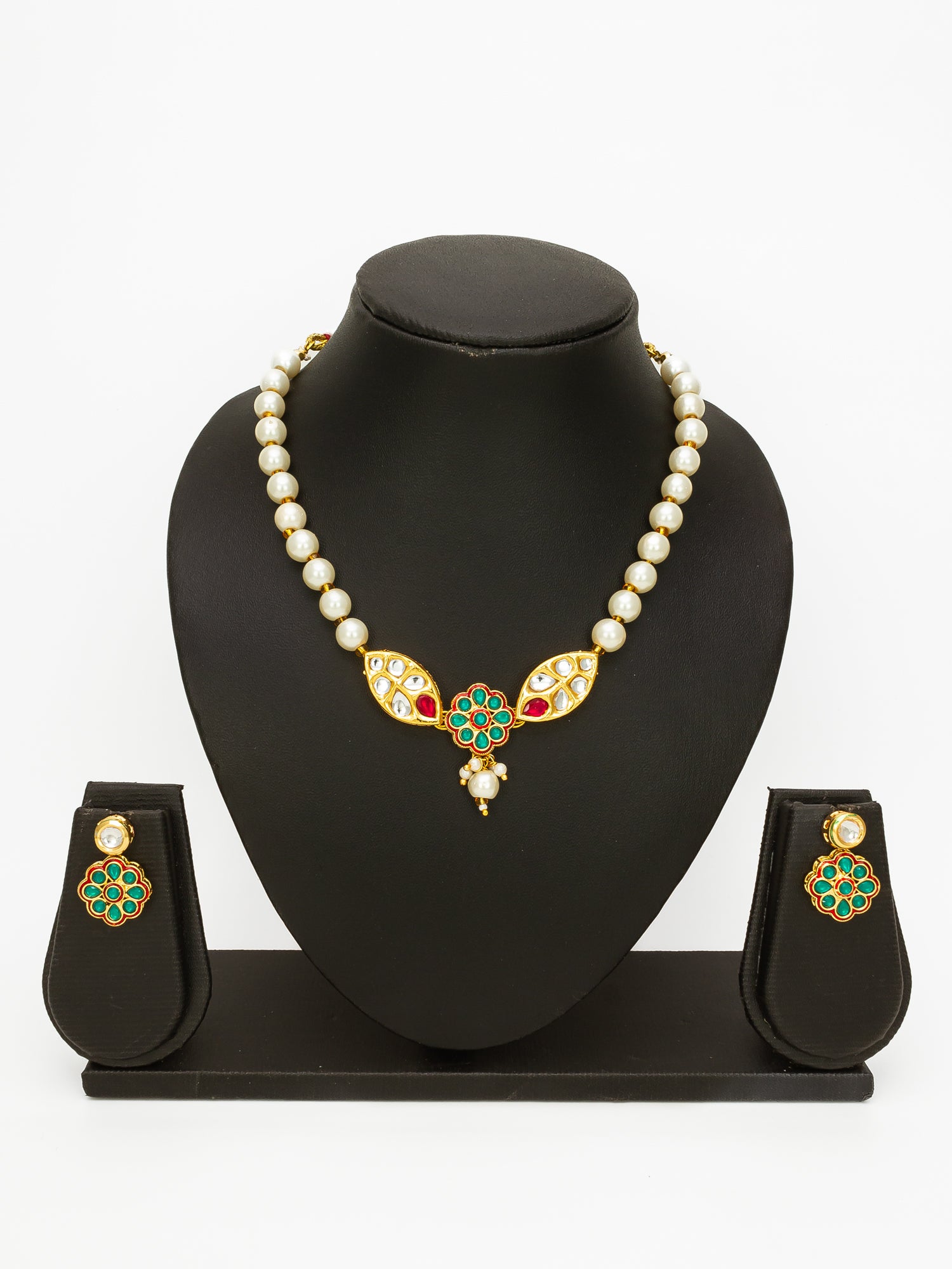 Gold Plated White Pearl Beaded Traditional Necklace Set – View 4 | Aadita Jewelry
