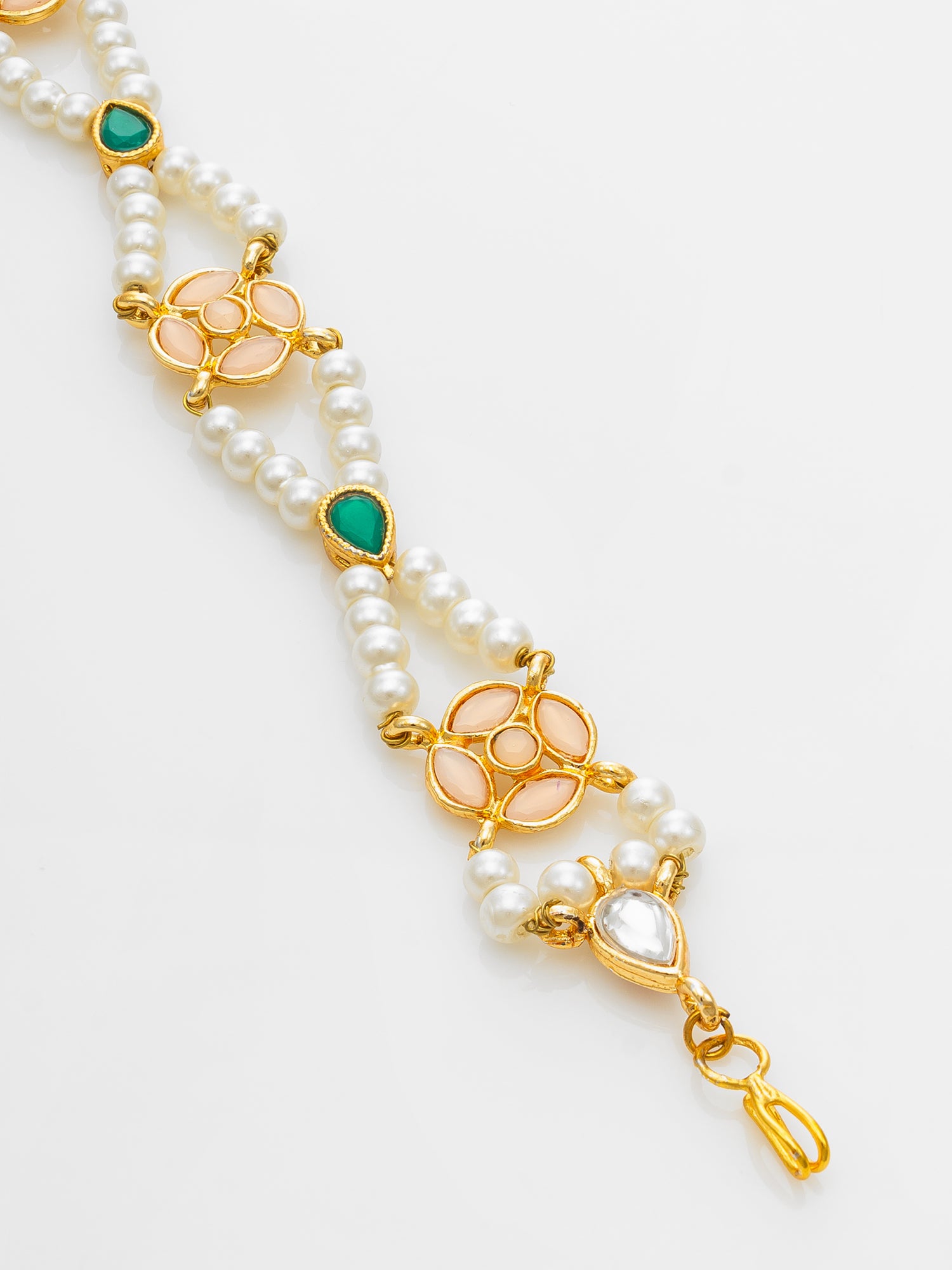 Gold Plated Green & Peach Pearls Kundan Matha Patti – View 3 | Aadita Jewelry