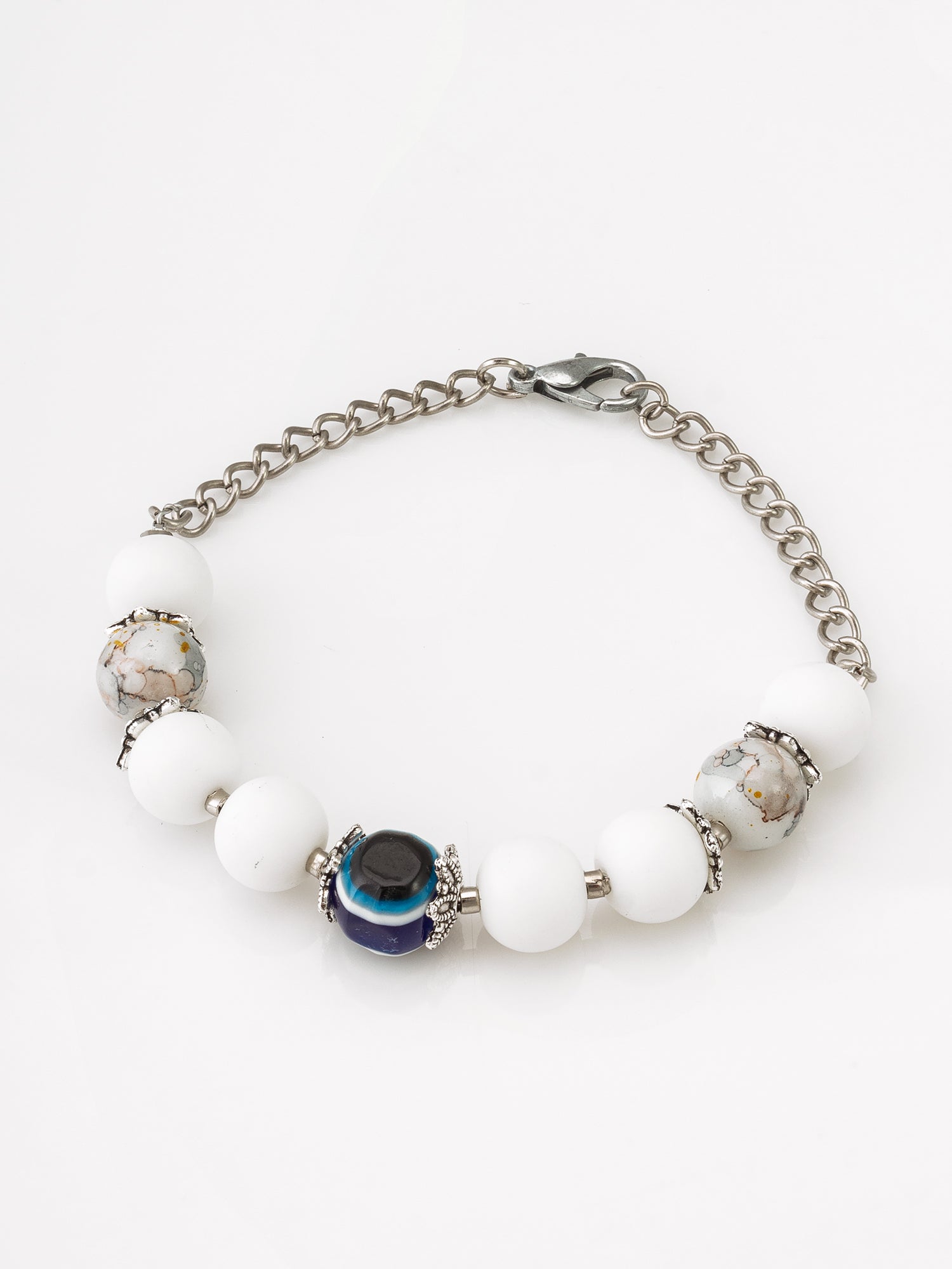 White Beaded Evil Eye Bracelet with Marble Stone | Aadita Jewelry