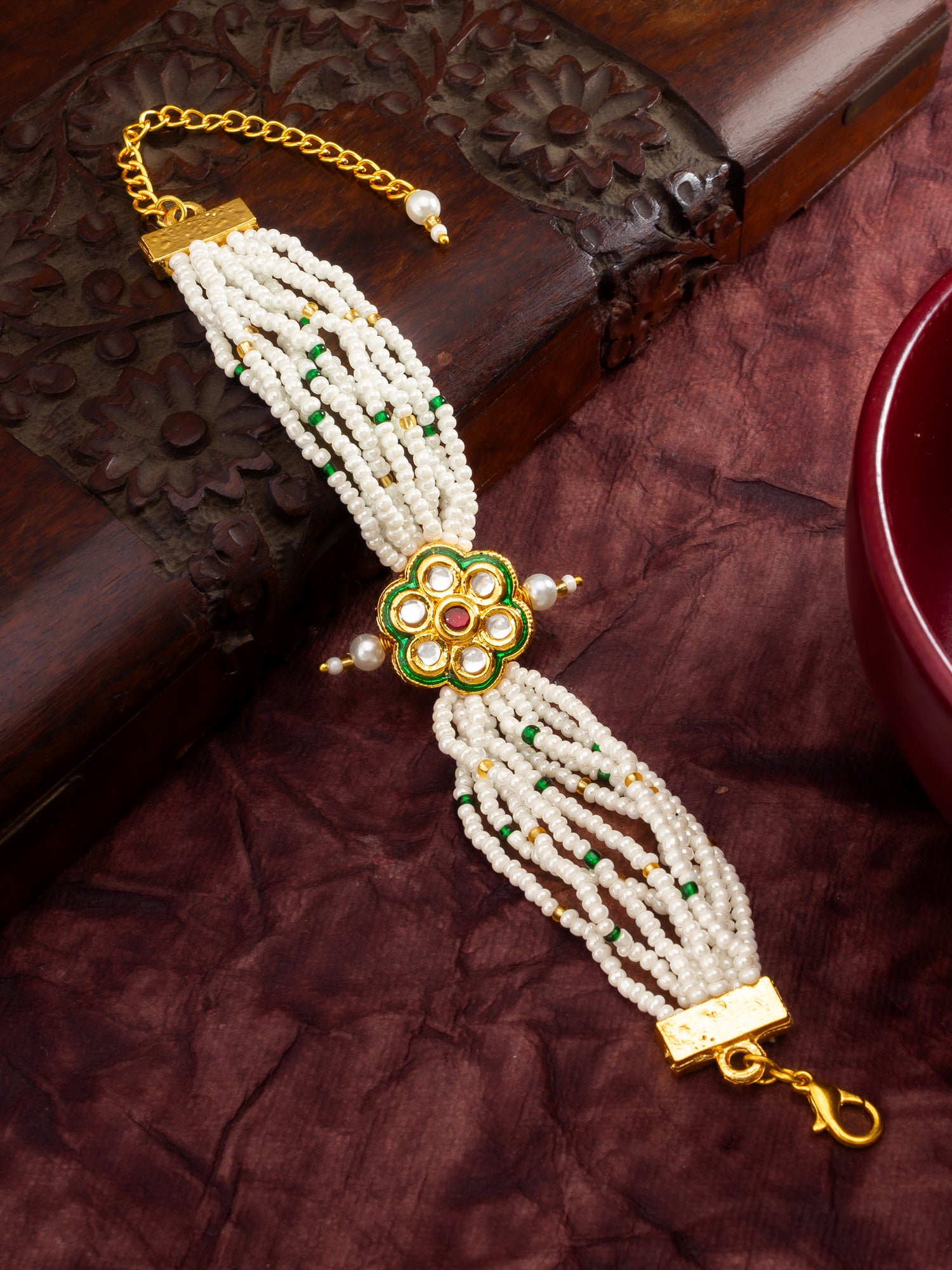 Green Enamel Floral Pearl Bracelet – View 5 | Aadita Jewelry