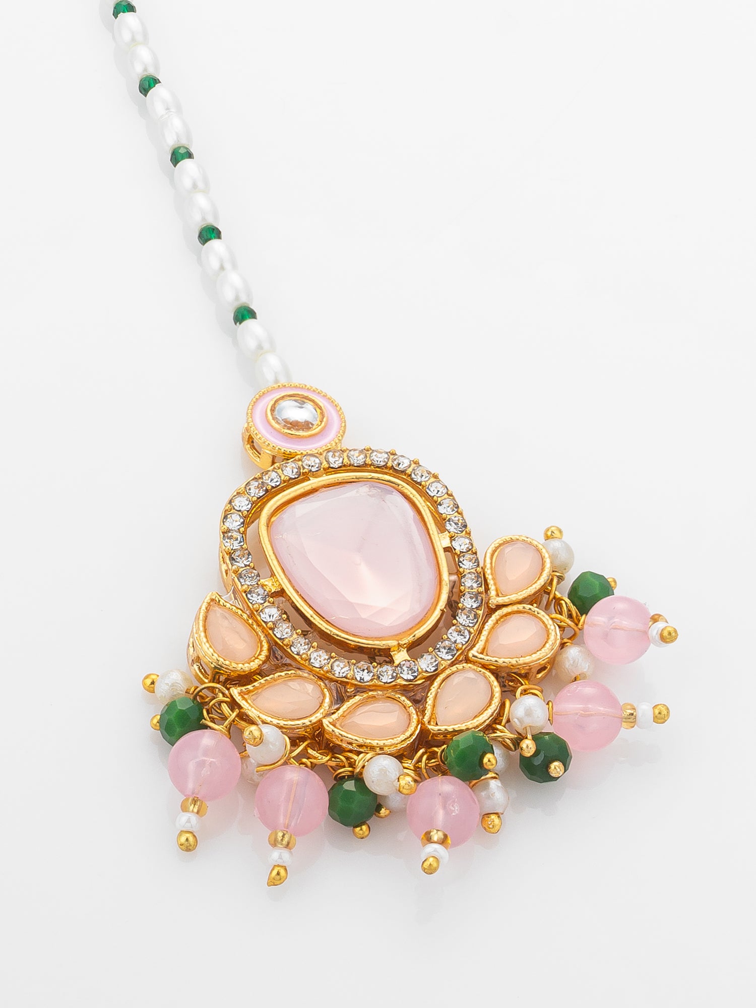 Aadita Gold Plated Large Pink Kundan Pendant Mangtika with Pearl and Green Bead Chain – View 3 | Aadita Jewelry