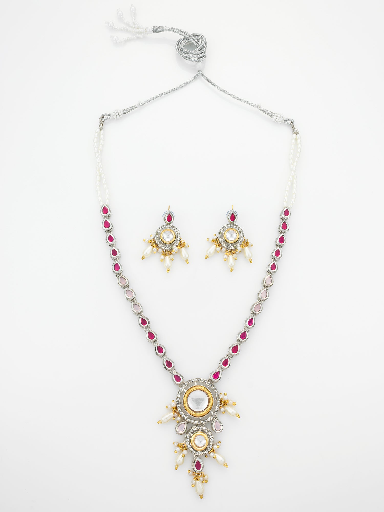 Aadita  Kundan Long Necklace Set with Ruby-Tone Stones and Pearl Drops | Aadita Jewelry