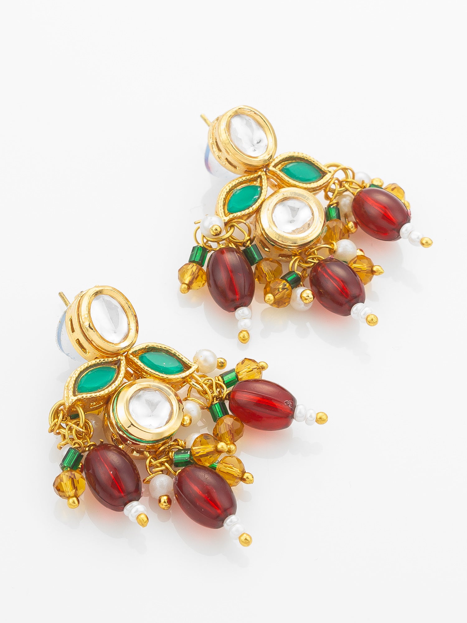 Aadita Gold Plated Kundan Necklace Set with Green Meenakari, Red Beads and Crystal Accents with Earrings – View 2 | Aadita Jewelry