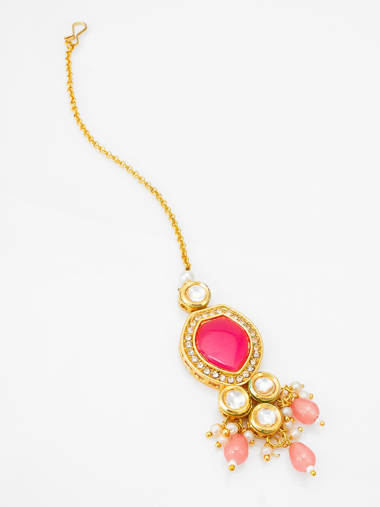 Gold-Plated Pink Kundan Maang Tikka with Crystal Bead Drops | Aadita Jewelry
