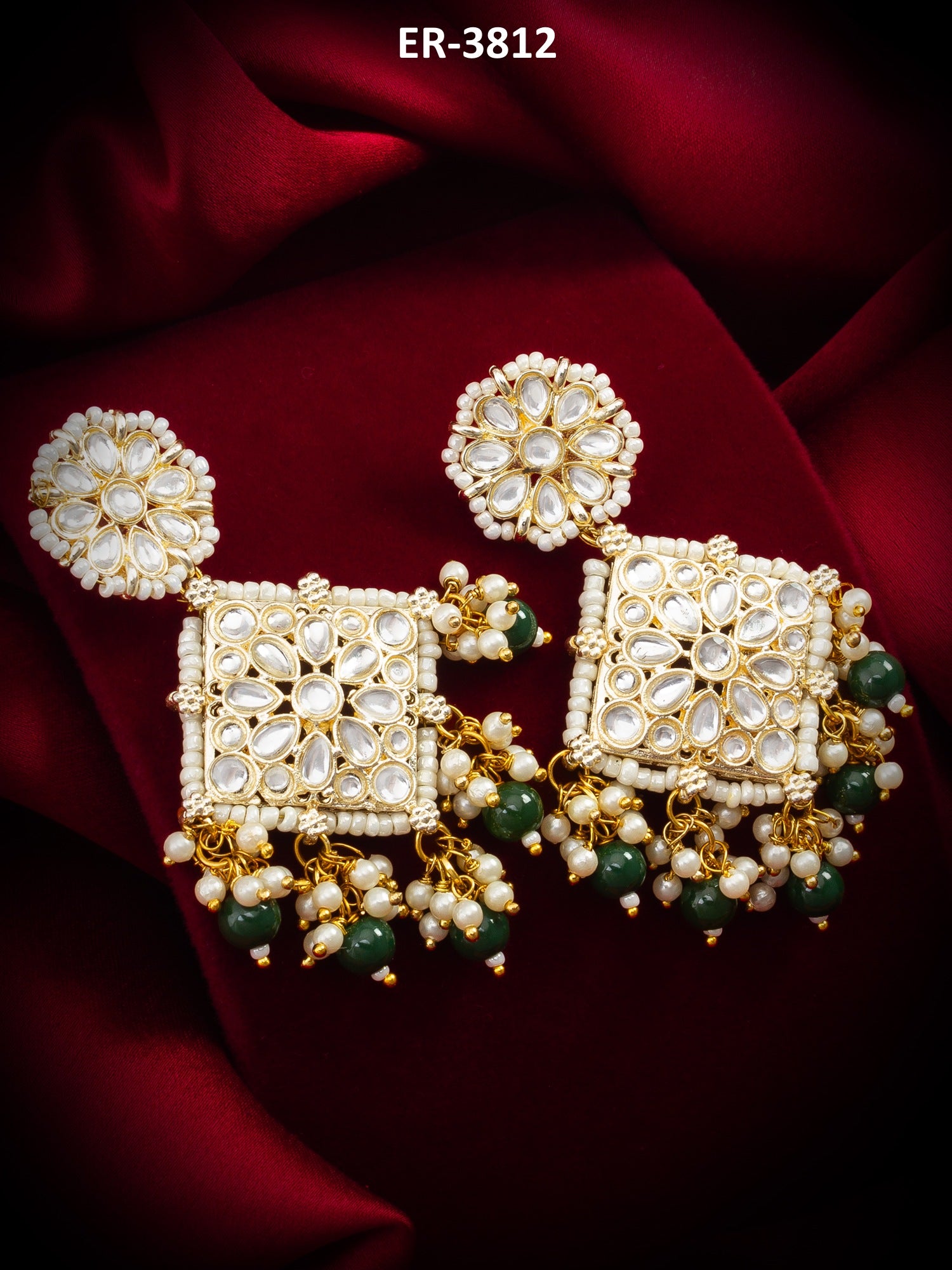 Kundan Square Pendant Earrings with Emerald Green Beads and Pearl Drops – View 5 | Aadita Jewelry