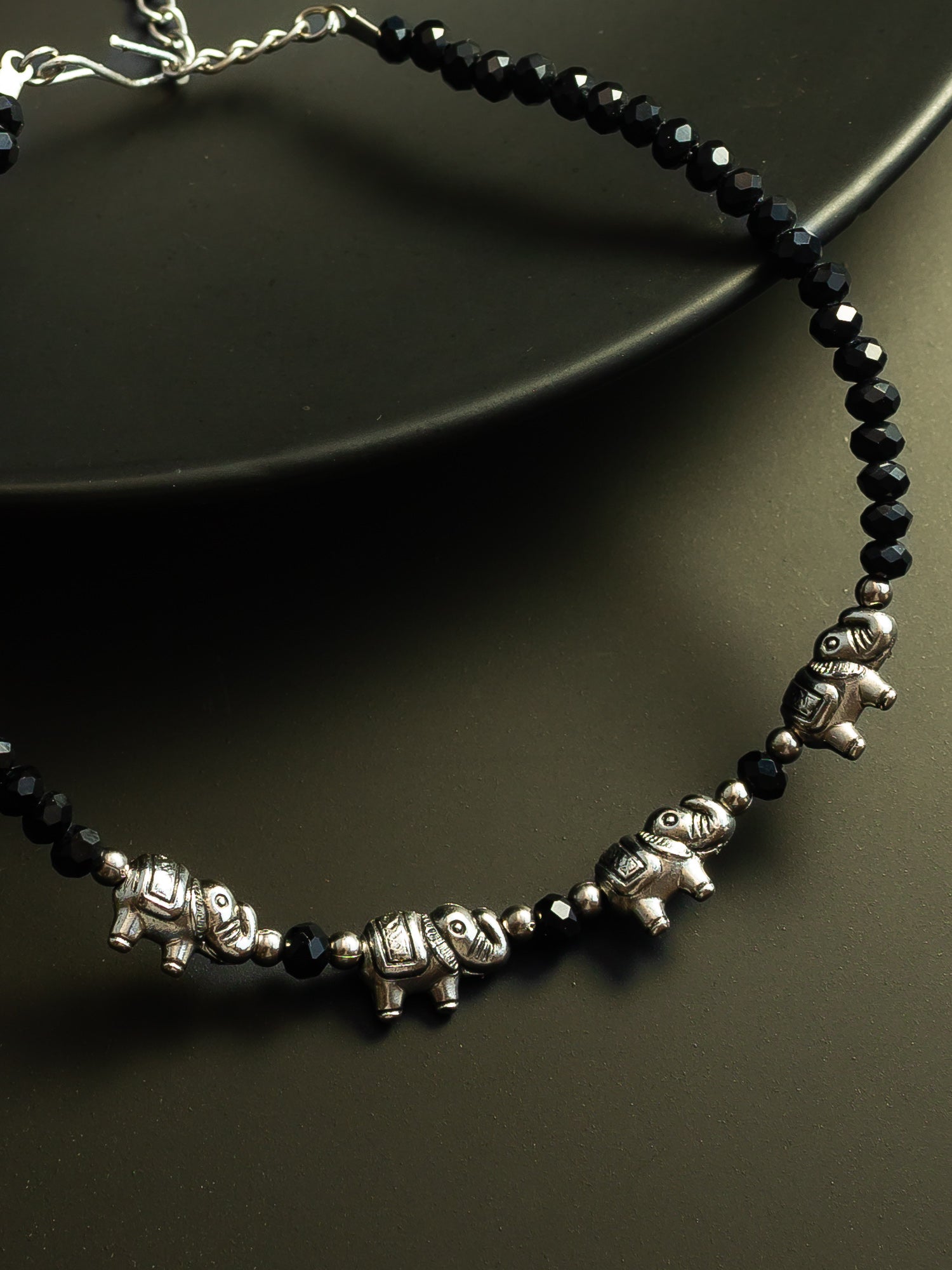 Silver Plated Elephant Charm Black Beaded Adjustable Anklet for Women & Girls – View 3 | Aadita Jewelry