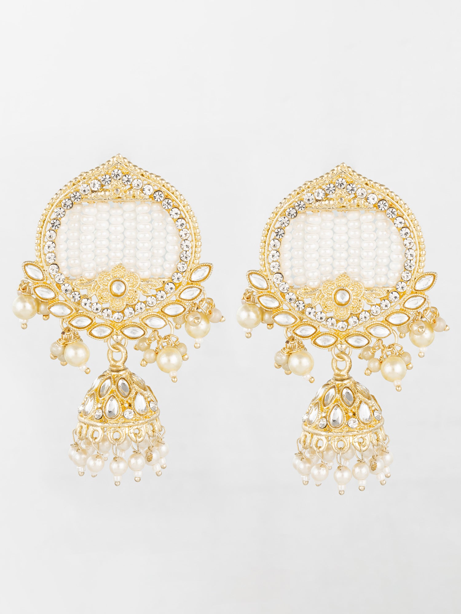 Aadita Gold Plated White Stone Chandelier Jhumka Earrings | Aadita Jewelry