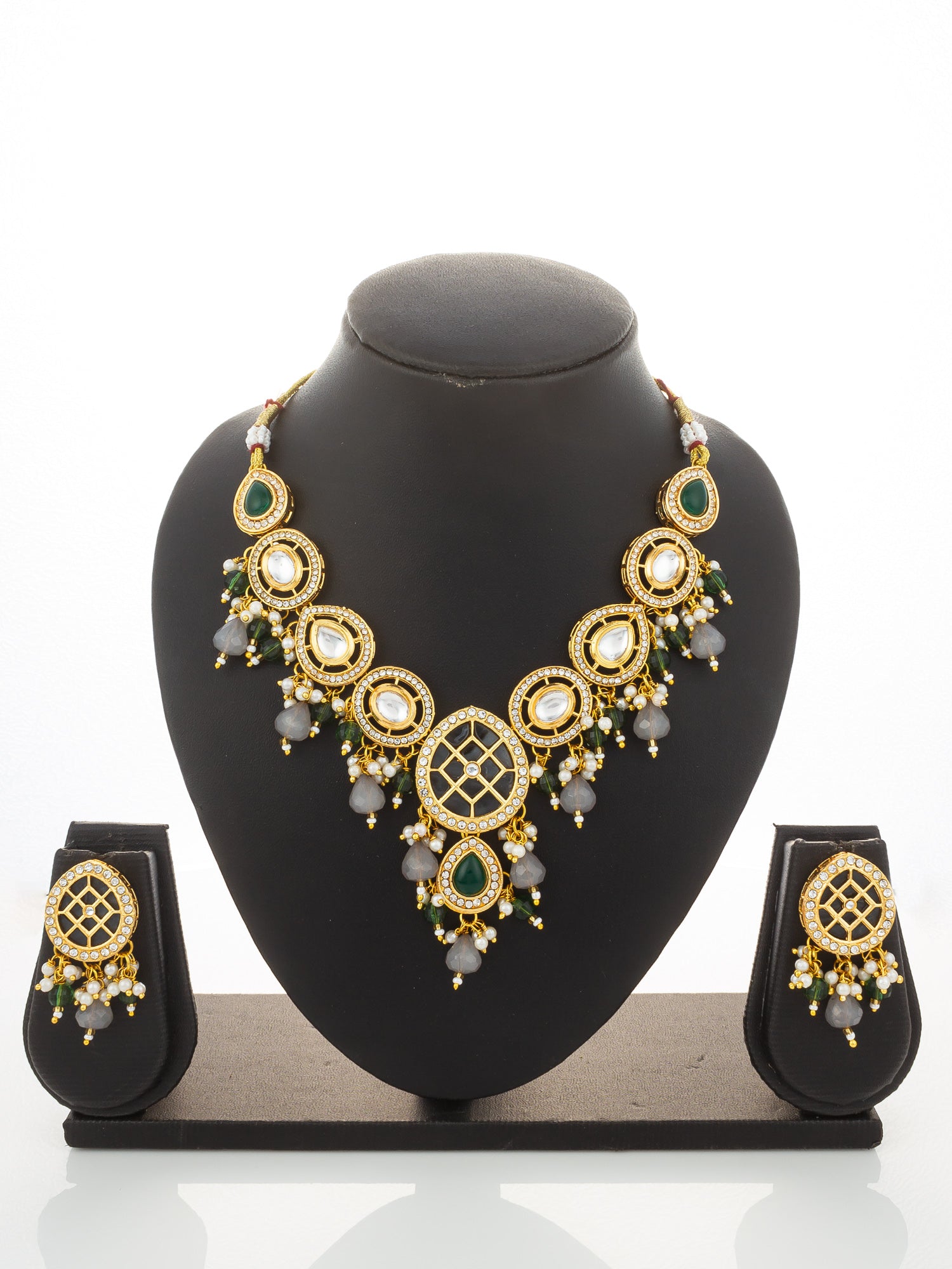 Aadita Green & Grey Necklace Set with Lattice Pendant and Drop Earrings – View 5 | Aadita Jewelry