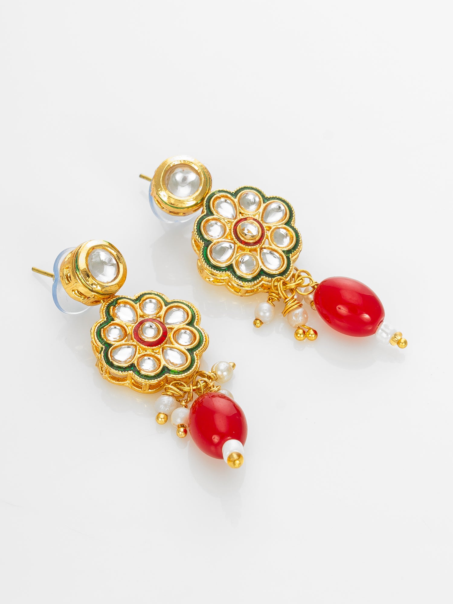 Gold Plated Kundan Floral Necklace Set with Red Beads – View 2 | Aadita Jewelry