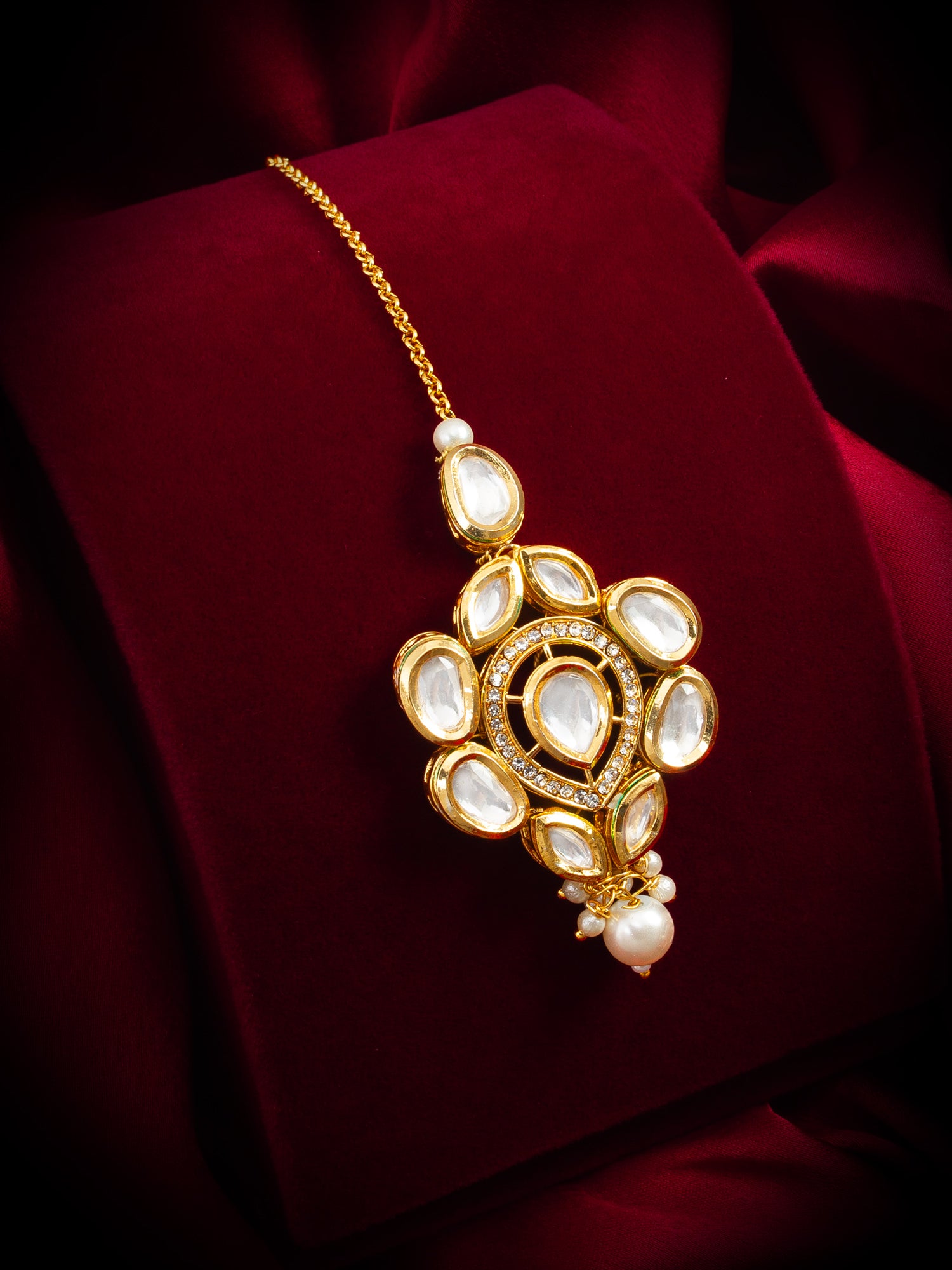 Gold-Plated Kundan Cluster Maang Tikka with Pearl Drop – View 5 | Aadita Jewelry