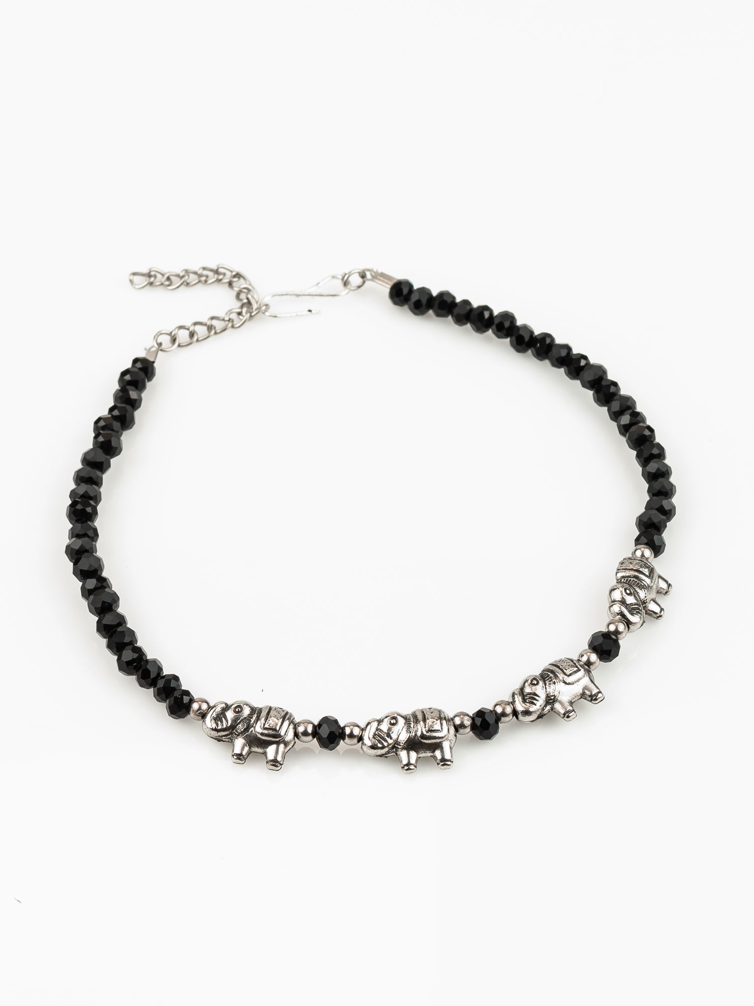 Silver Plated Elephant Charm Black Beaded Adjustable Anklet for Women & Girls | Aadita Jewelry