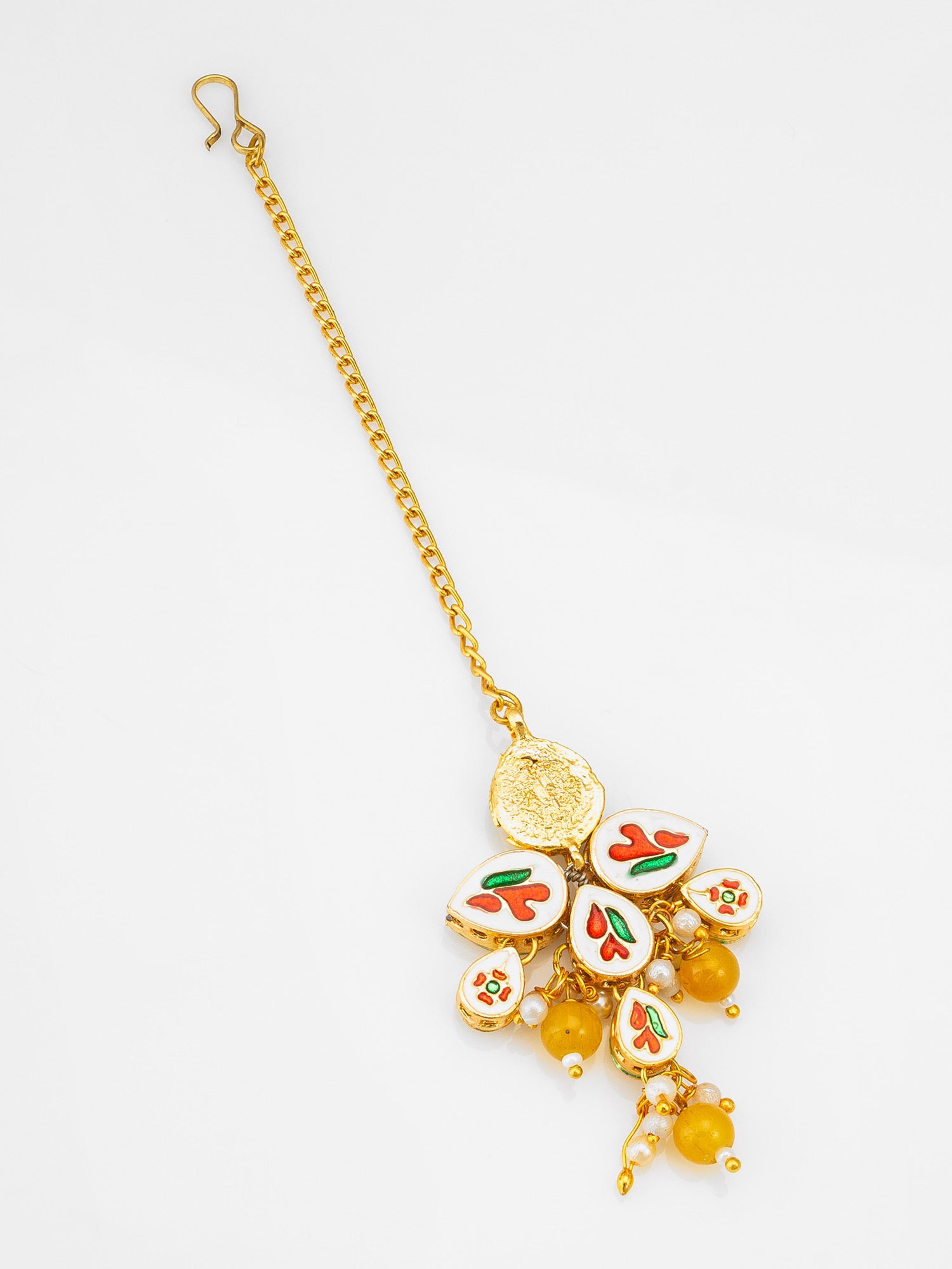 Fashion Yellow Bead Kundan Maang Tikka with Golden Chain – View 2 | Aadita Jewelry
