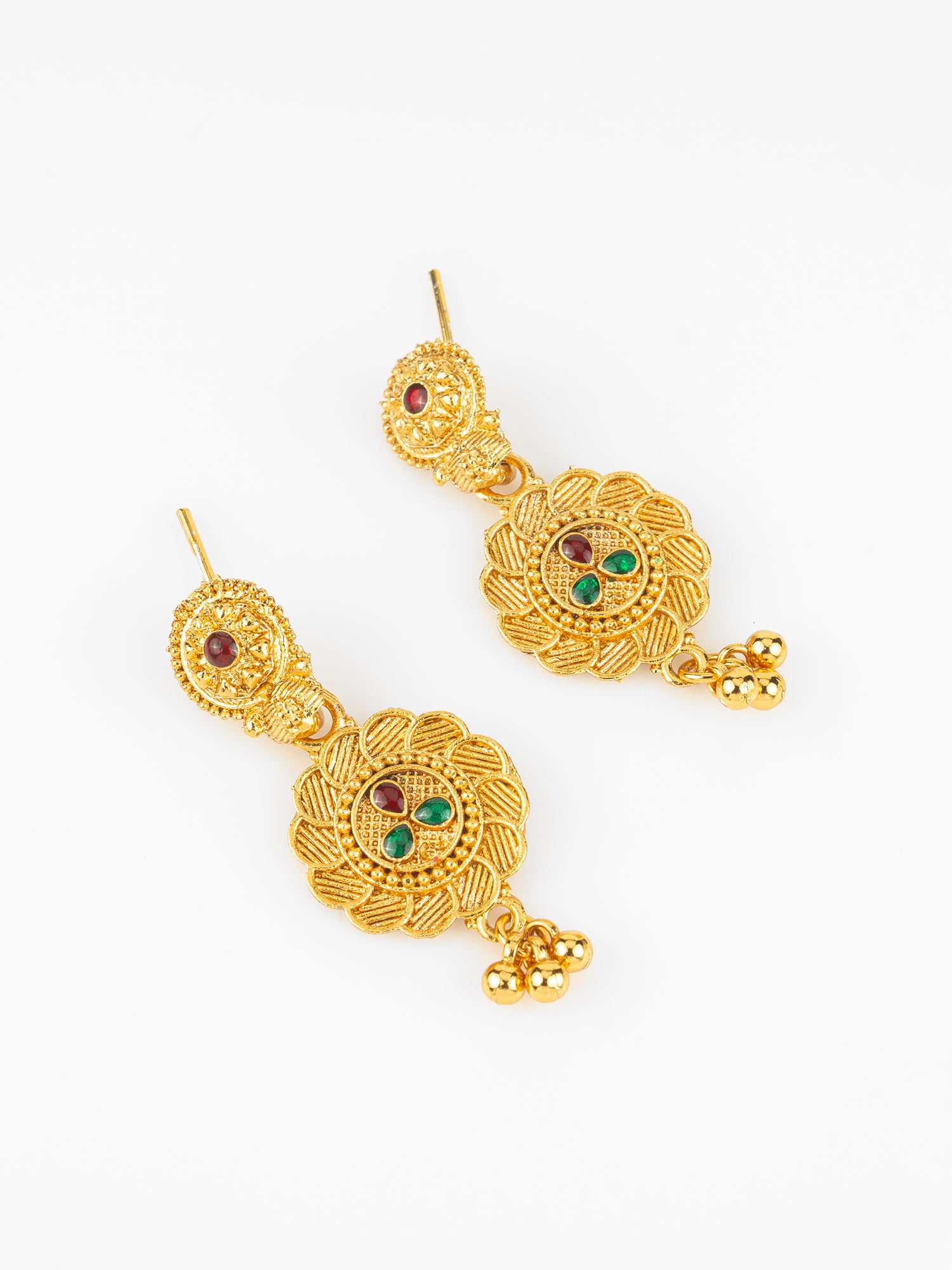 Gold Plated Traditional South Indian Long Necklace Set with Kemp Stones for Women – View 2 | Aadita Jewelry