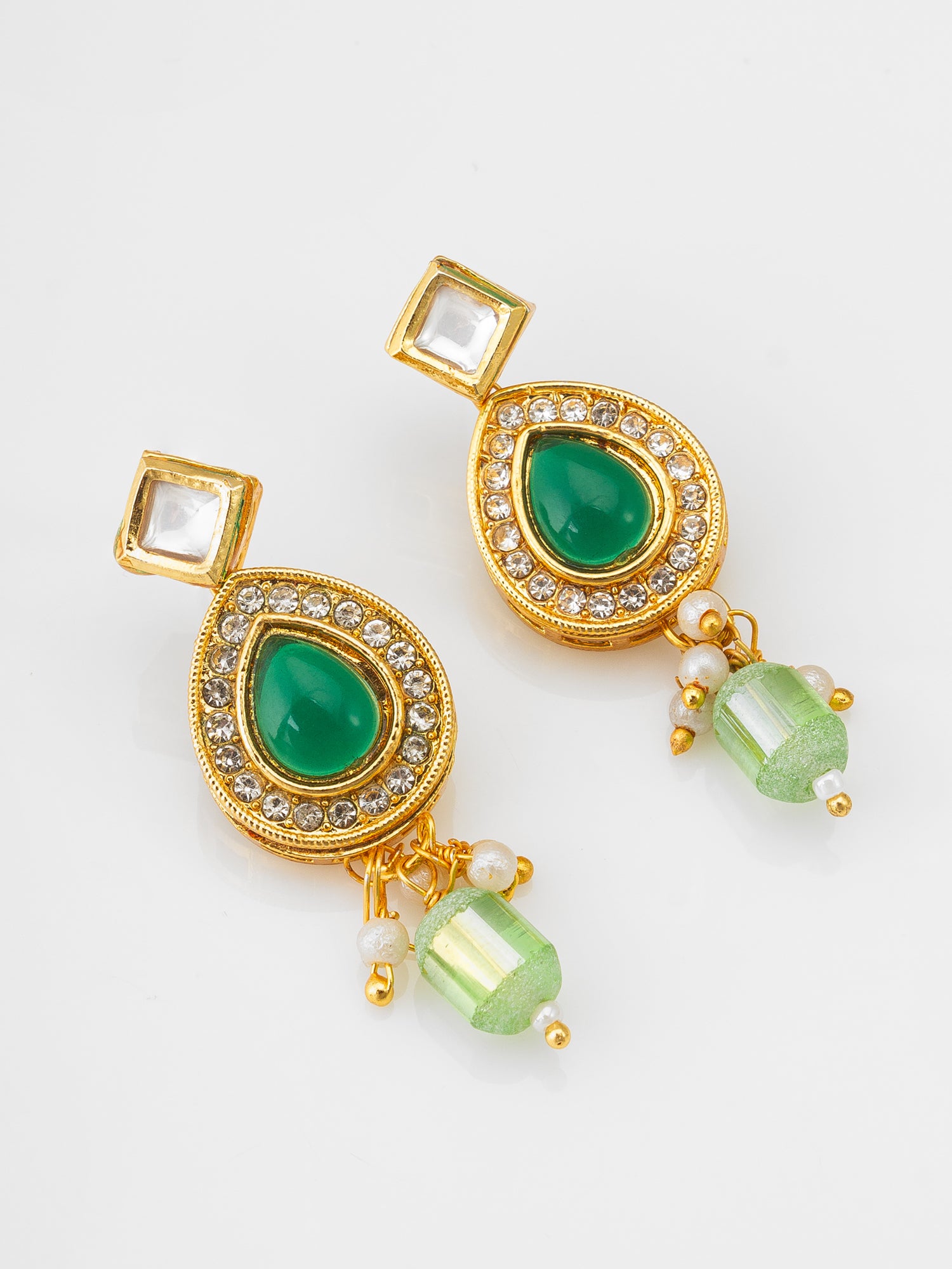 Kundan Necklace Set with Green Onyx Stones, Crystal Drops and Stud Earrings – View 2 | Aadita Jewelry
