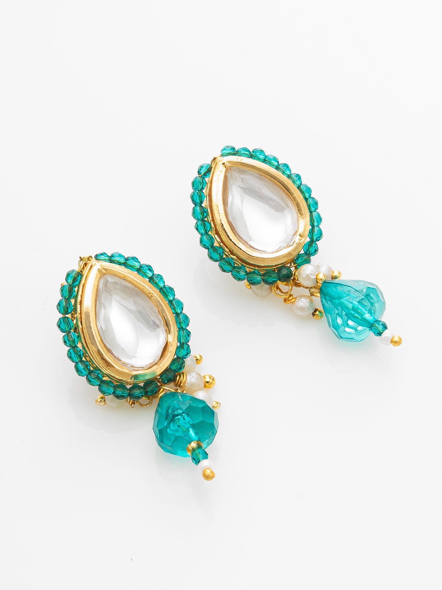Gold Plated Kundan Teal Beaded Necklace Set with Earrings for Women – View 2 | Aadita Jewelry