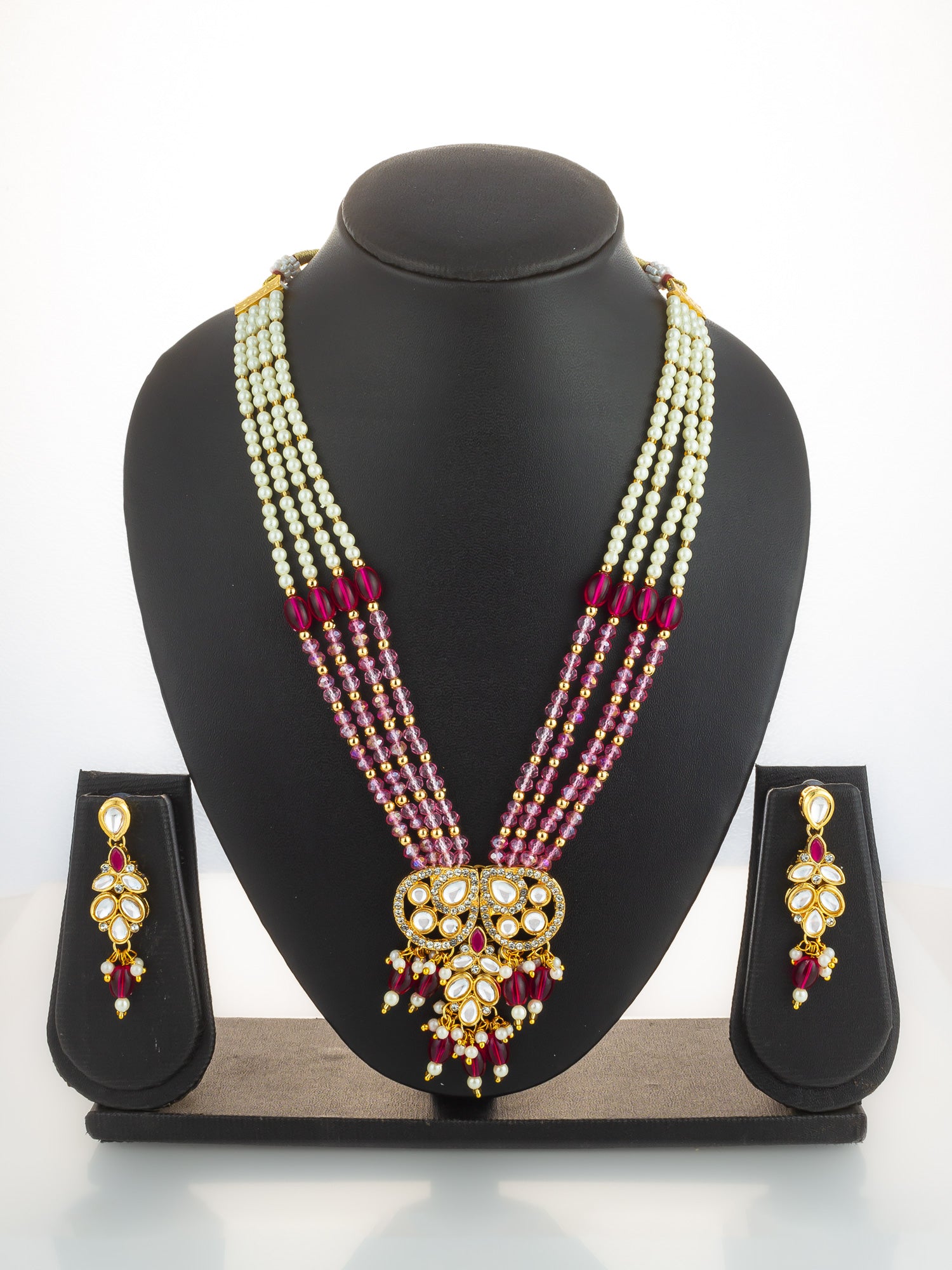 Gold Plated Pearl and Pink Crystal Bead Long Necklace Set – View 5 | Aadita Jewelry