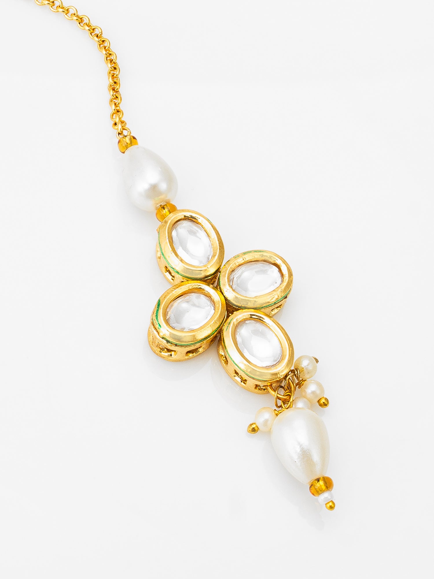 Gold-Tone Kundan Maang Tikka with Pearl and Drop – View 3 | Aadita Jewelry
