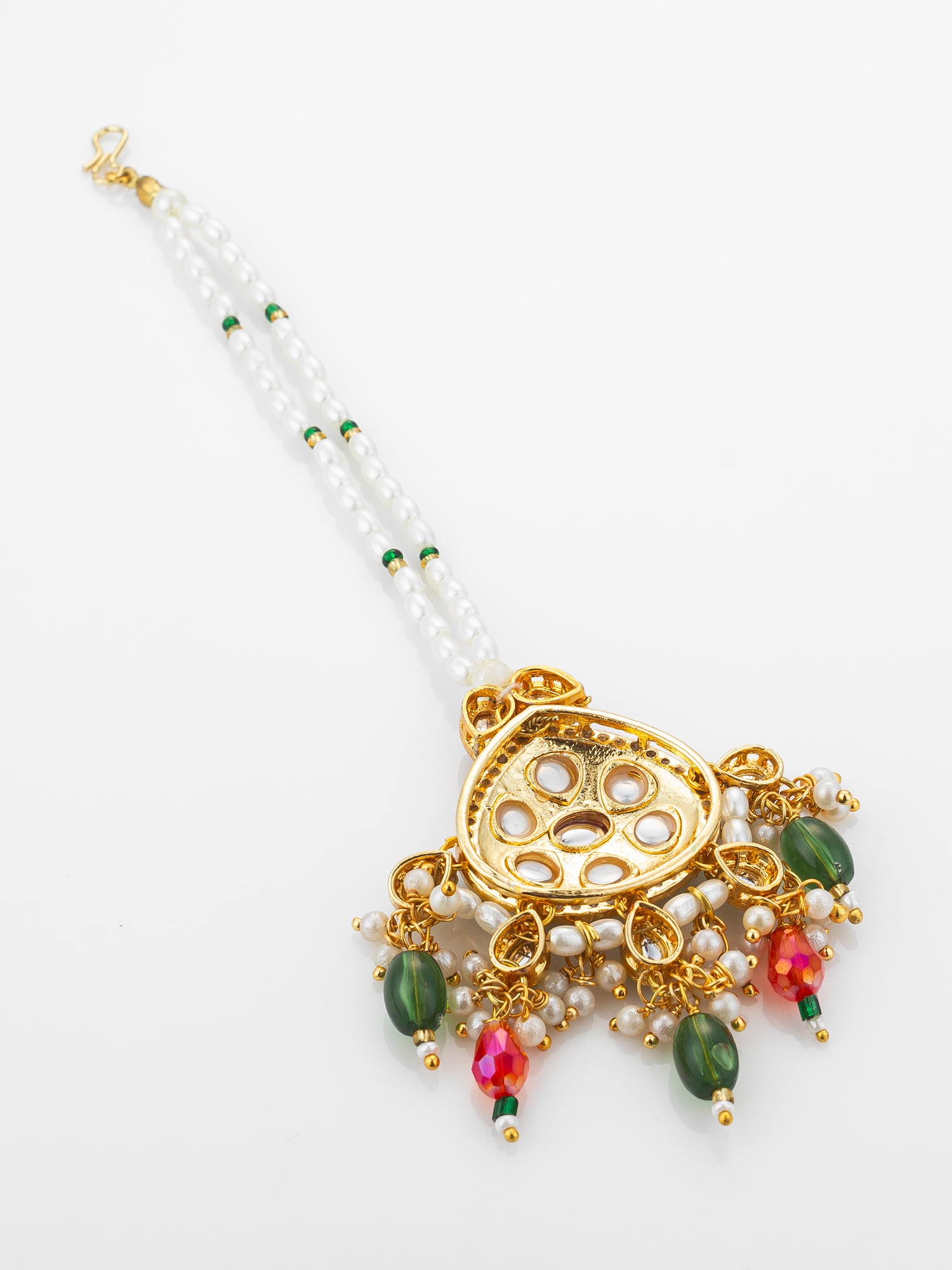 Aadita Gold Plated Kundan Mangtika with Green Meenakari Pendant and Pearl Bead Chain – View 4 | Aadita Jewelry