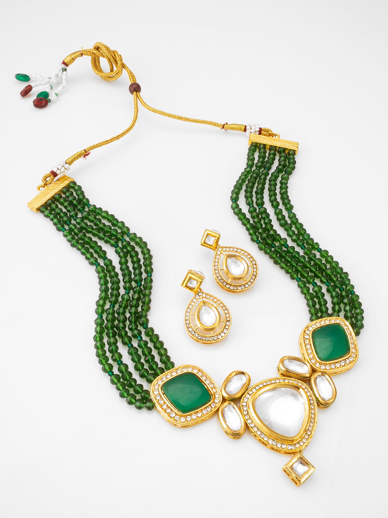 Green Beaded Kundan Traditional Necklace Set | Aadita Jewelry